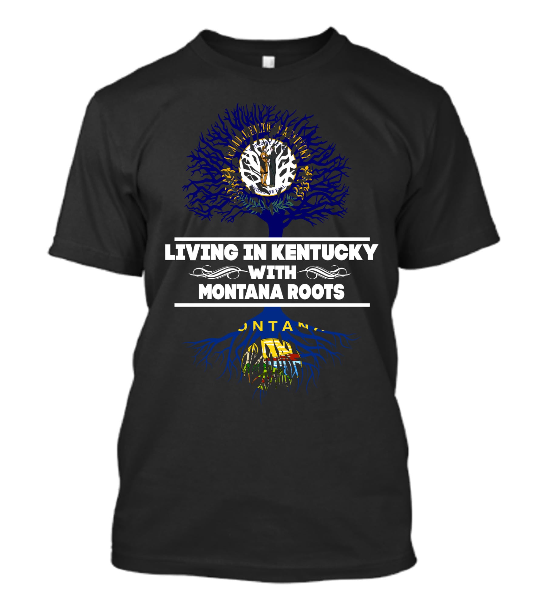 Living In Kentucky With Montana Roots Tree Graphic Kentucky Flag Colors T-Shirt