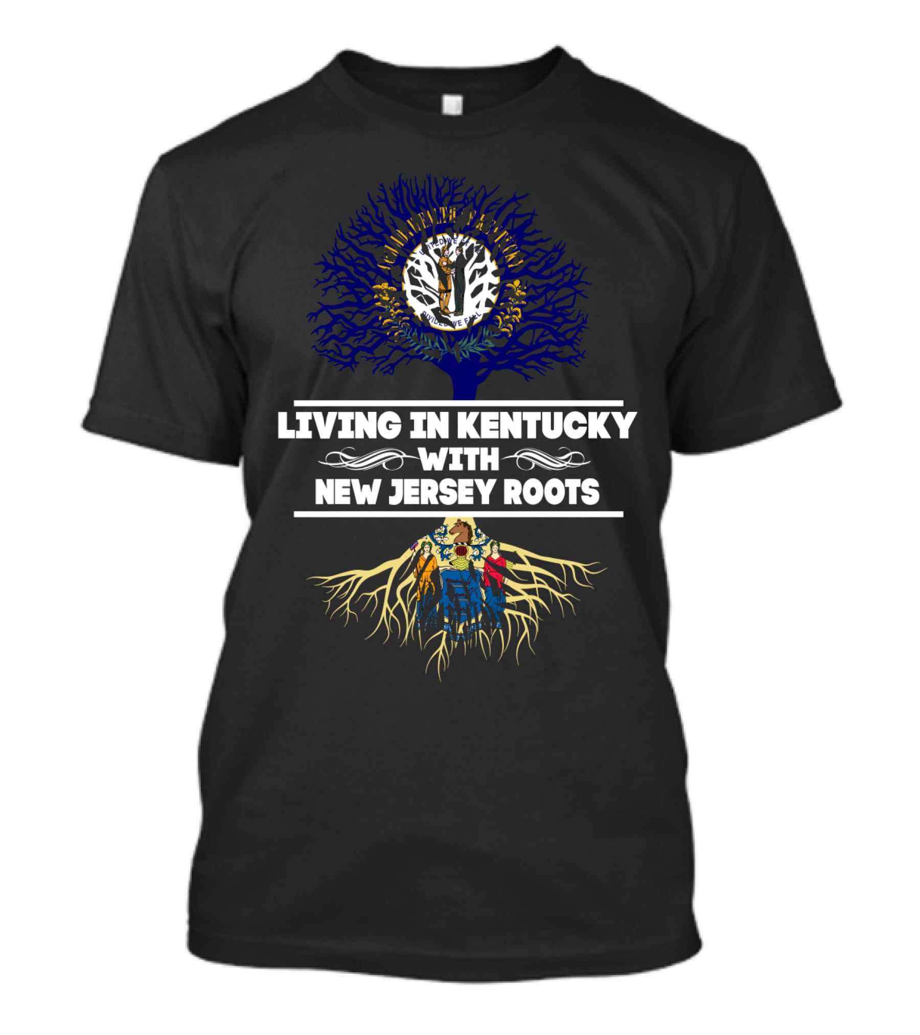 Living In Kentucky With New Jersey Roots Tree Graphic Featuring State Flags T-Shirt