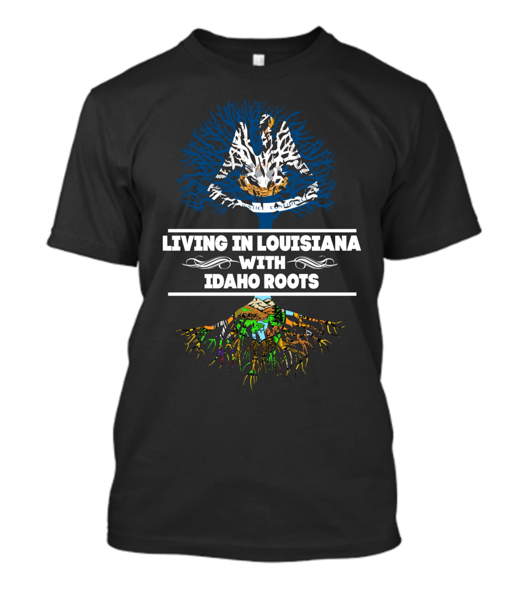 Living In Louisiana With Idaho Roots Featuring Louisiana And Idaho Iconic Elements T-Shirt