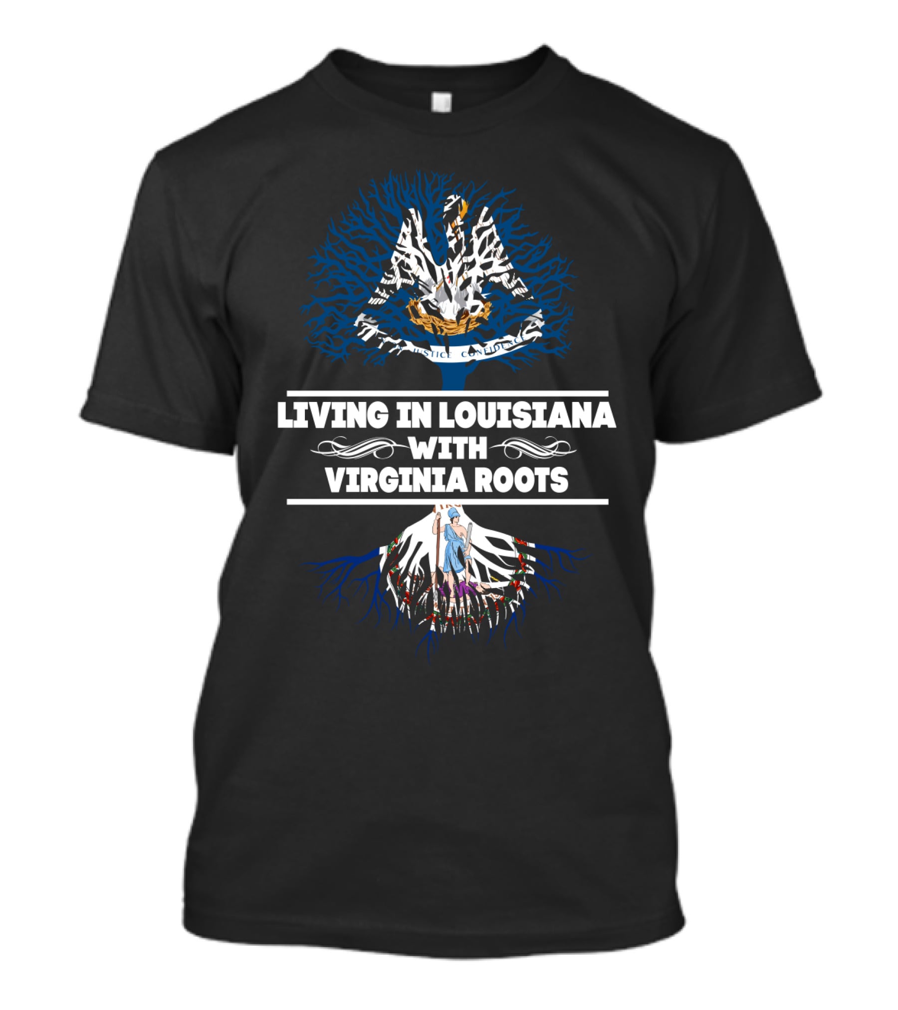 Living In Louisiana With Virginia Roots Featuring State Flag Iconography And Tree T-Shirt