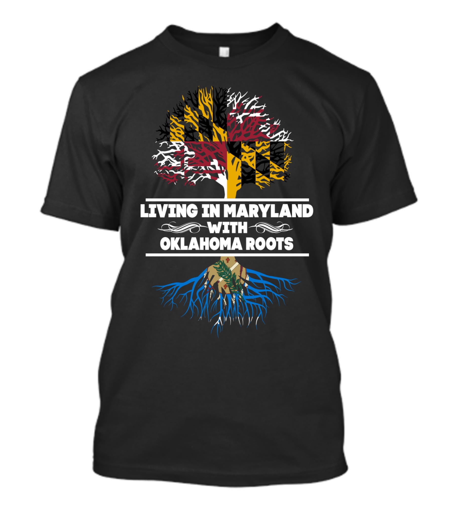 Maryland Flag Tree And Blue Oklahoma Roots Connection T-Shirt