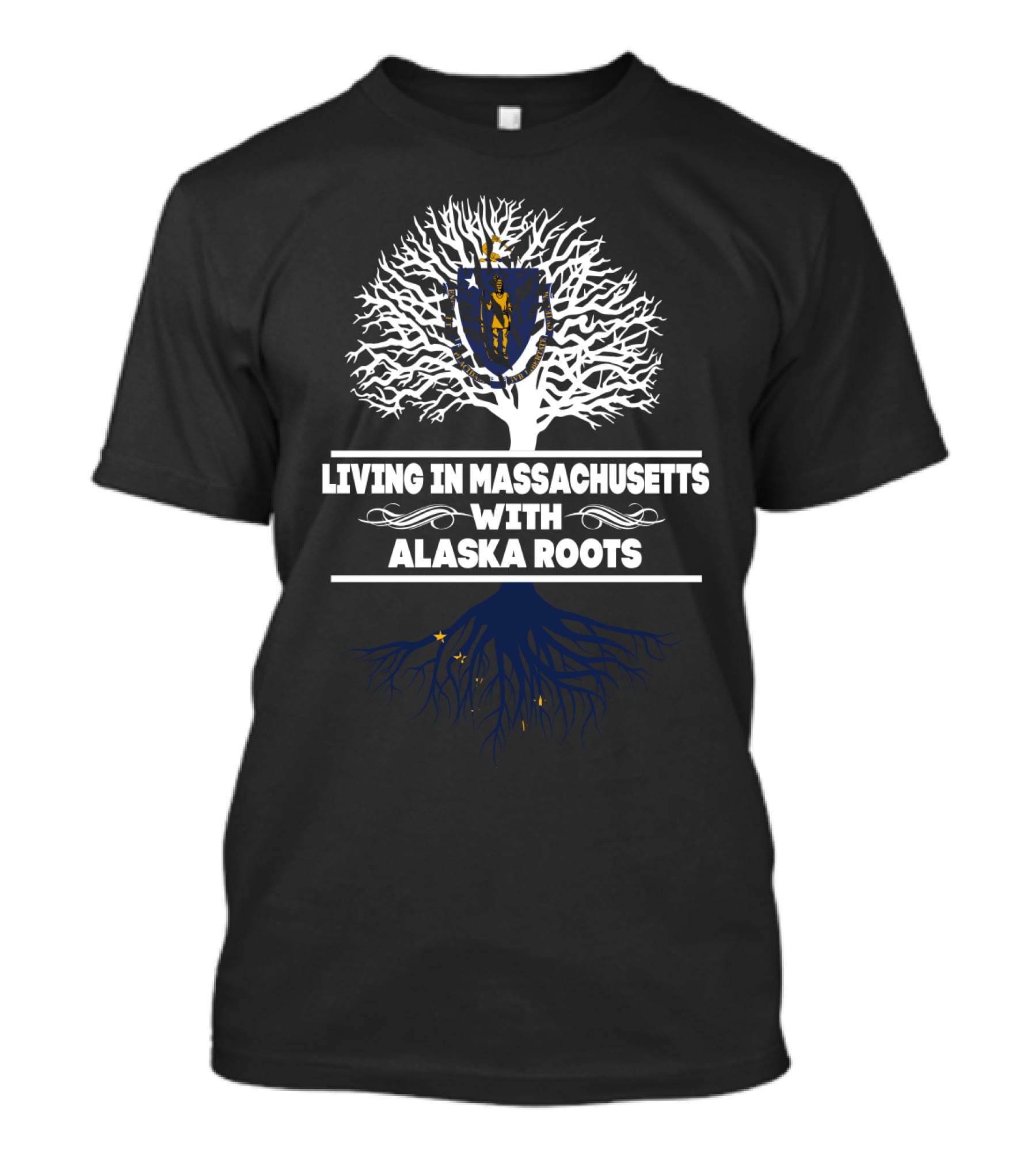 Massachusetts Living With Alaska Roots Tree Graphic Featuring State Symbols And Flags T-Shirt
