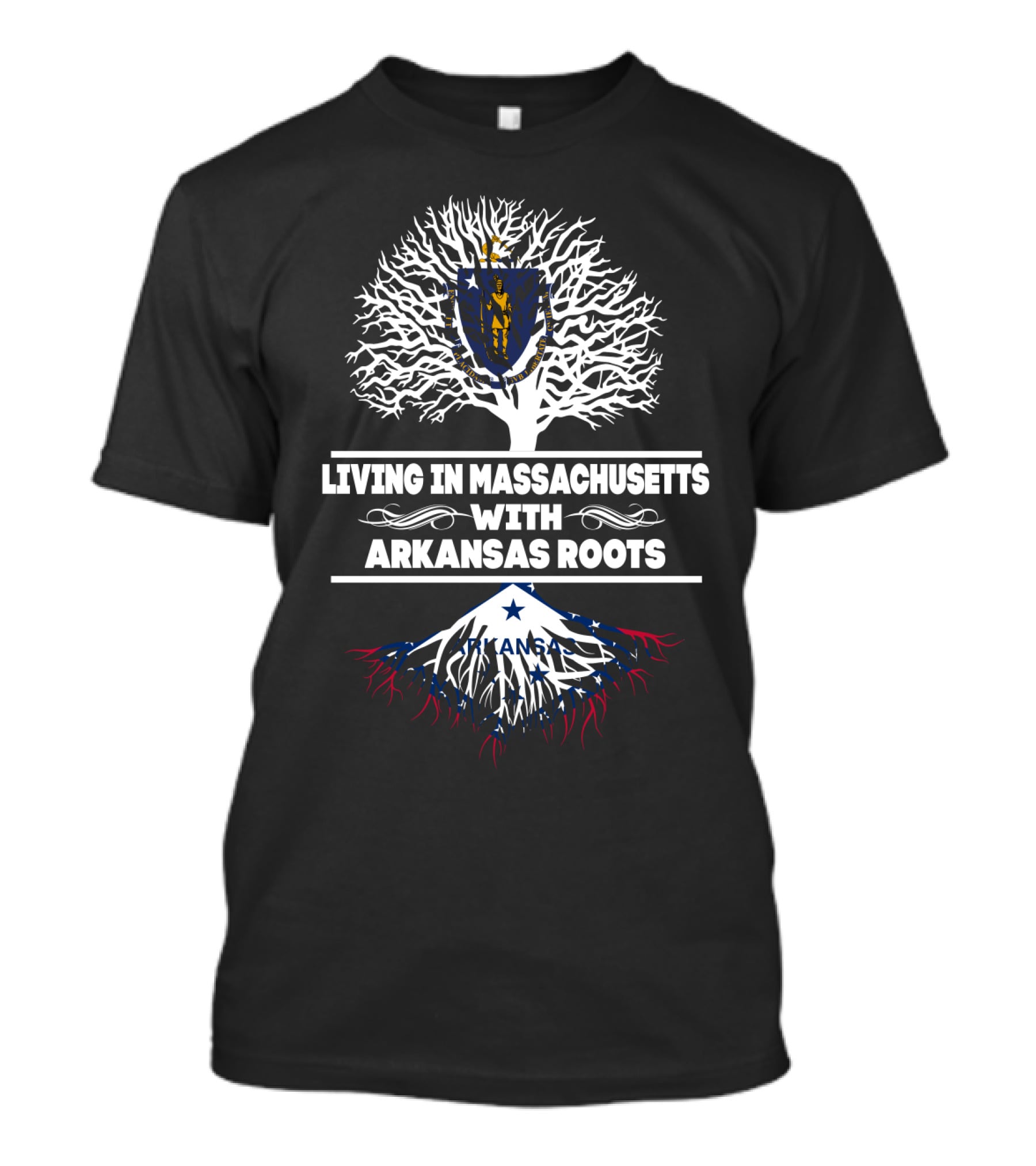 Living In Massachusetts With Arkansas Roots Massachusetts Crest Tree T-Shirt
