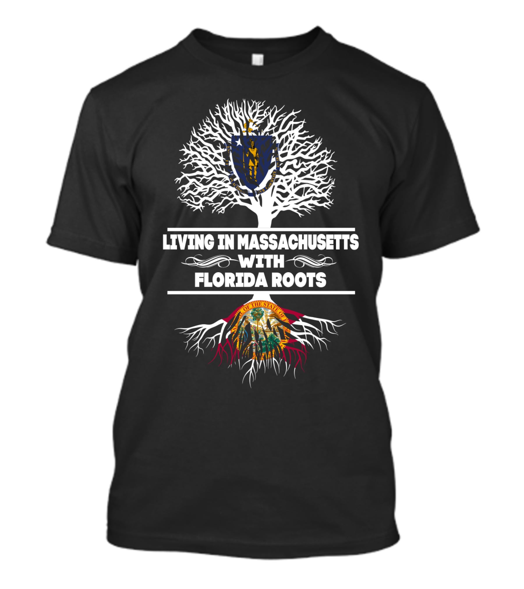 Proudly Living In Massachusetts Symbolizing Florida Roots With State Seals And Tree T-Shirt