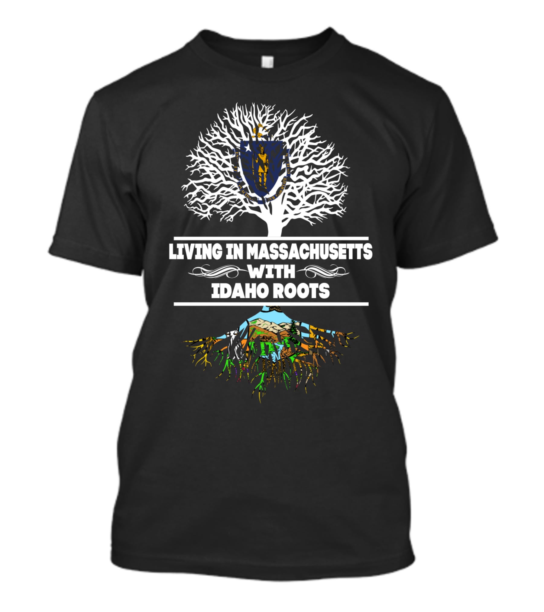 Living In Massachusetts With Idaho Roots Tree Graphic Featuring State Symbols T-Shirt