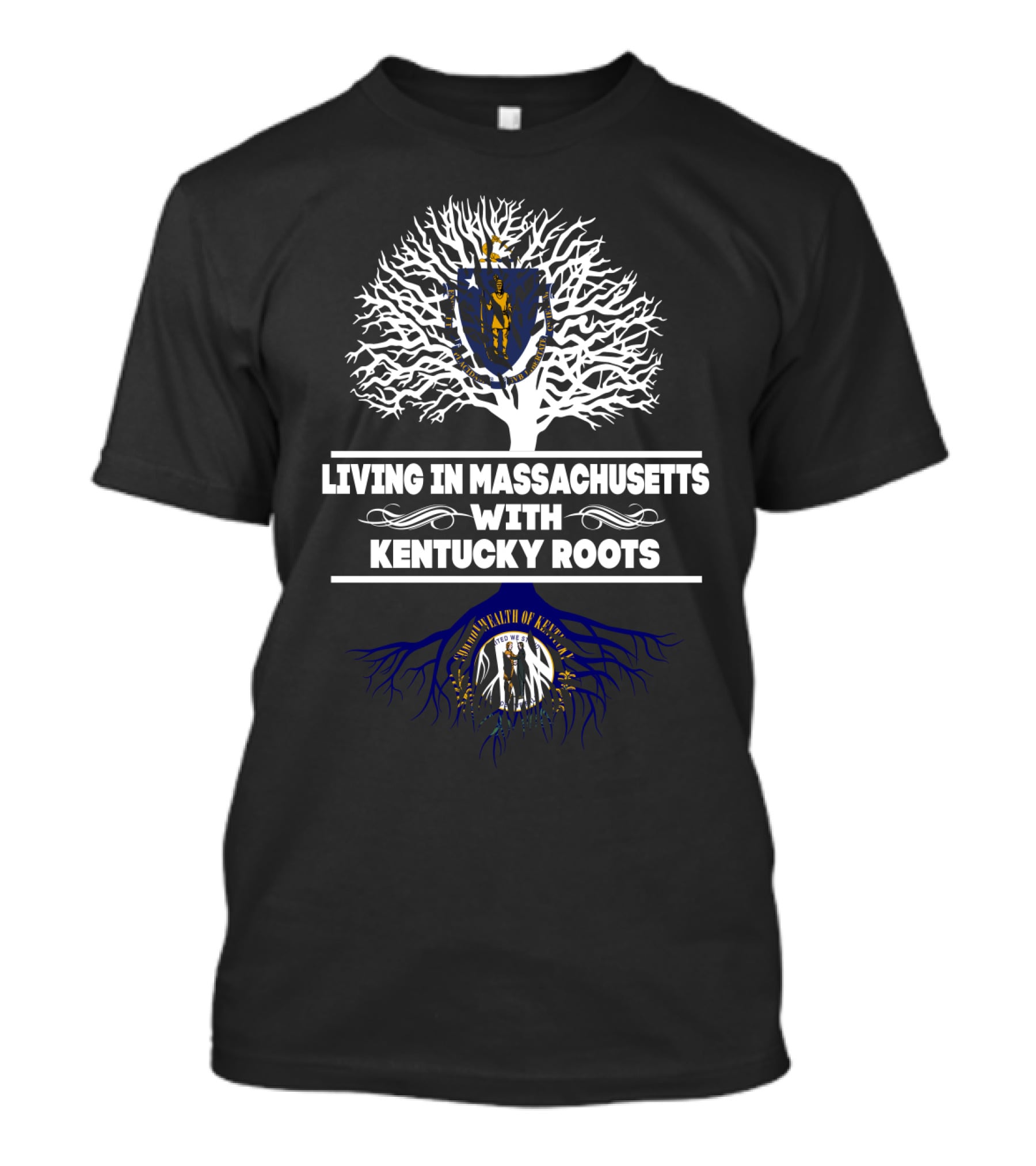 Living In Massachusetts Embracing Kentucky Heritage With State Seals And Tree T-Shirt