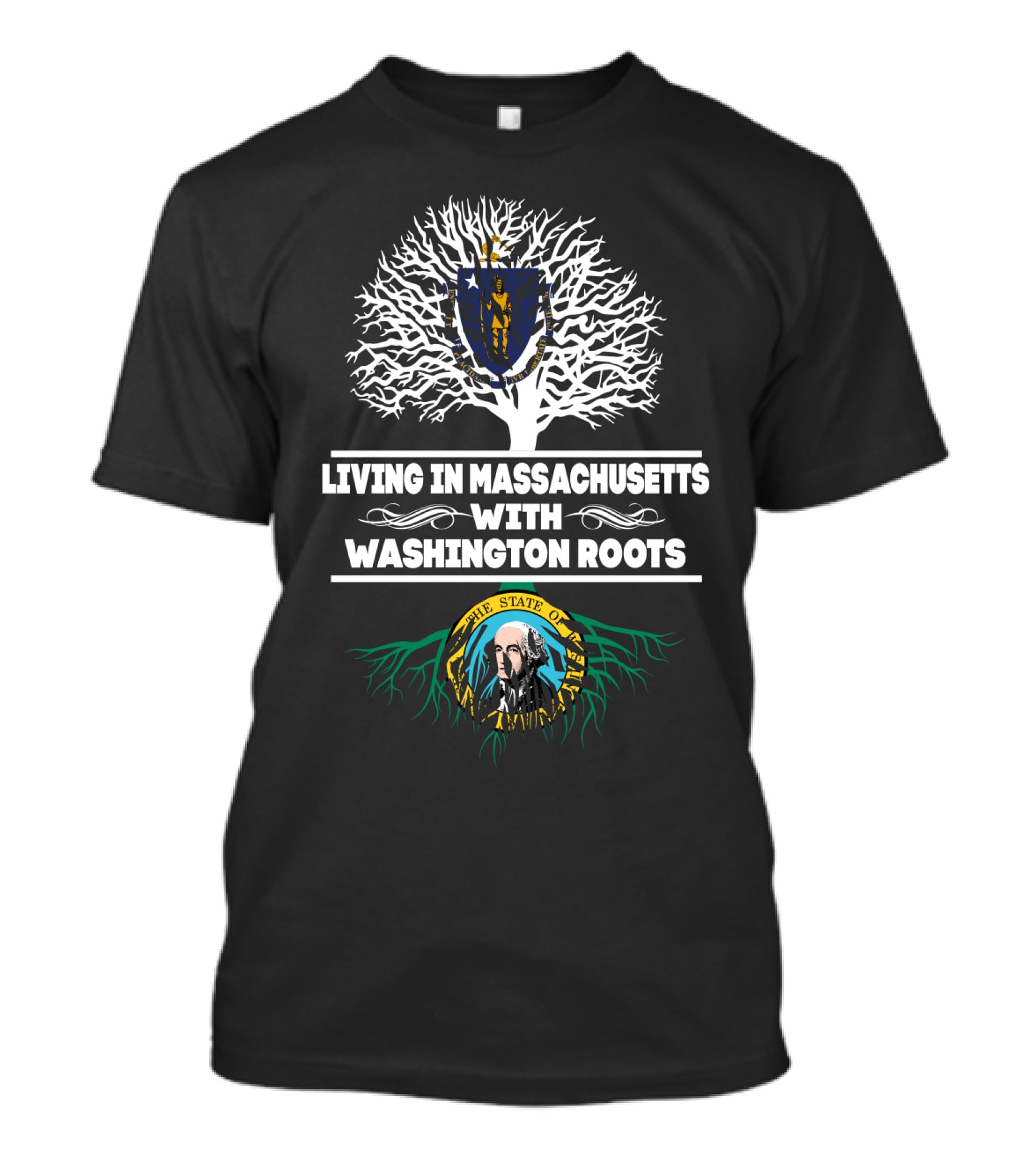 Massachusetts Living With Washington State Roots Tree T-Shirt
