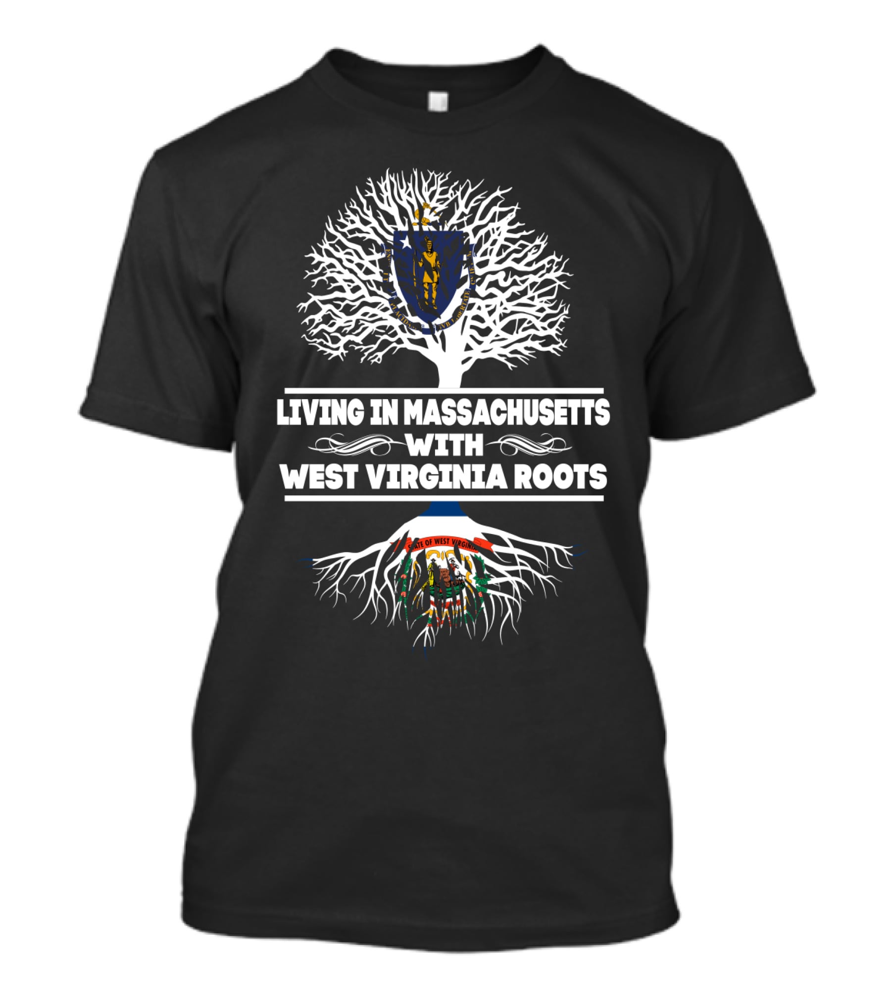 Living In Massachusetts Embracing West Virginia Heritage With State Flags In Tree T-Shirt