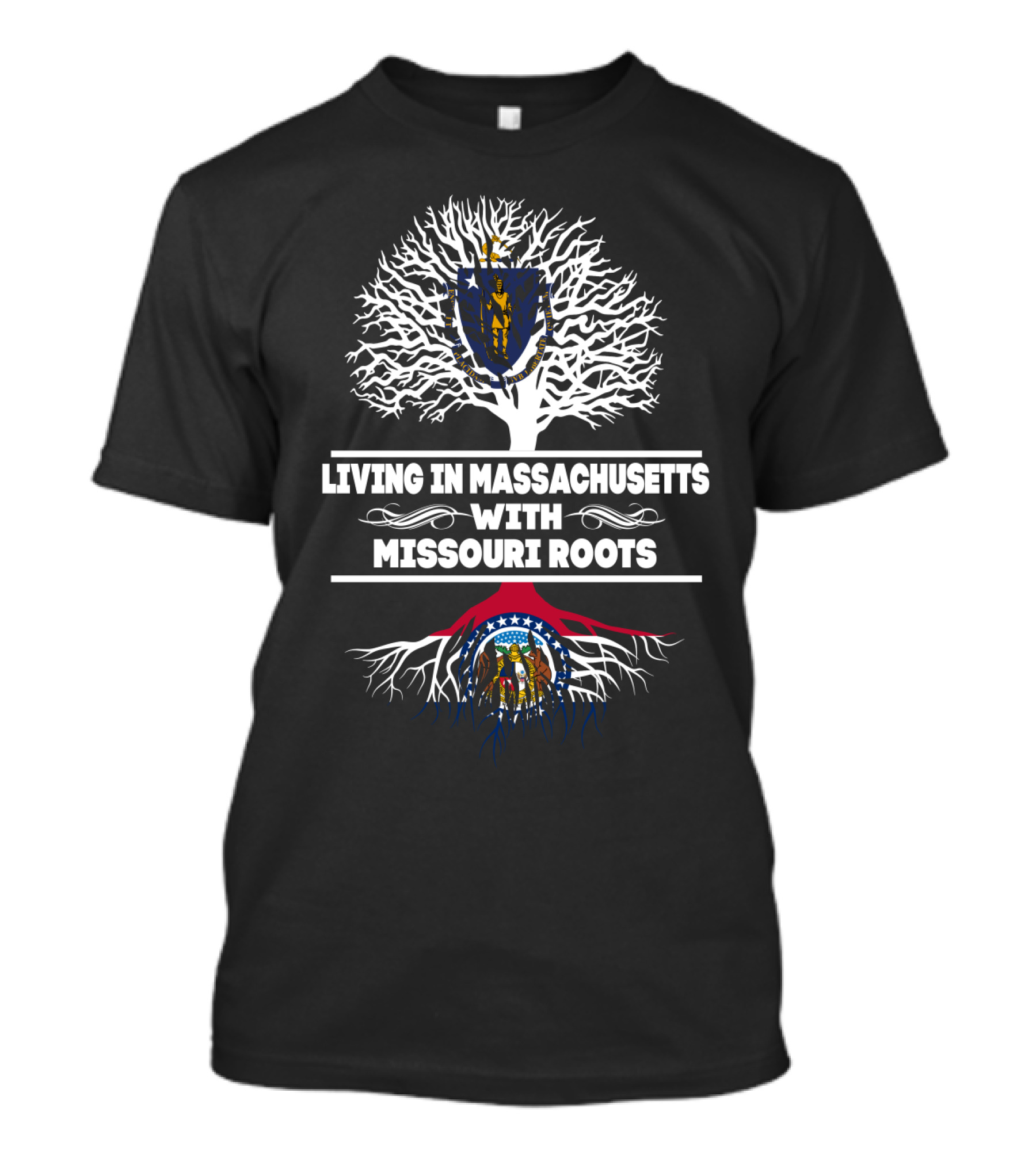 Massachusetts And Missouri State Emblems With Roots T-Shirt