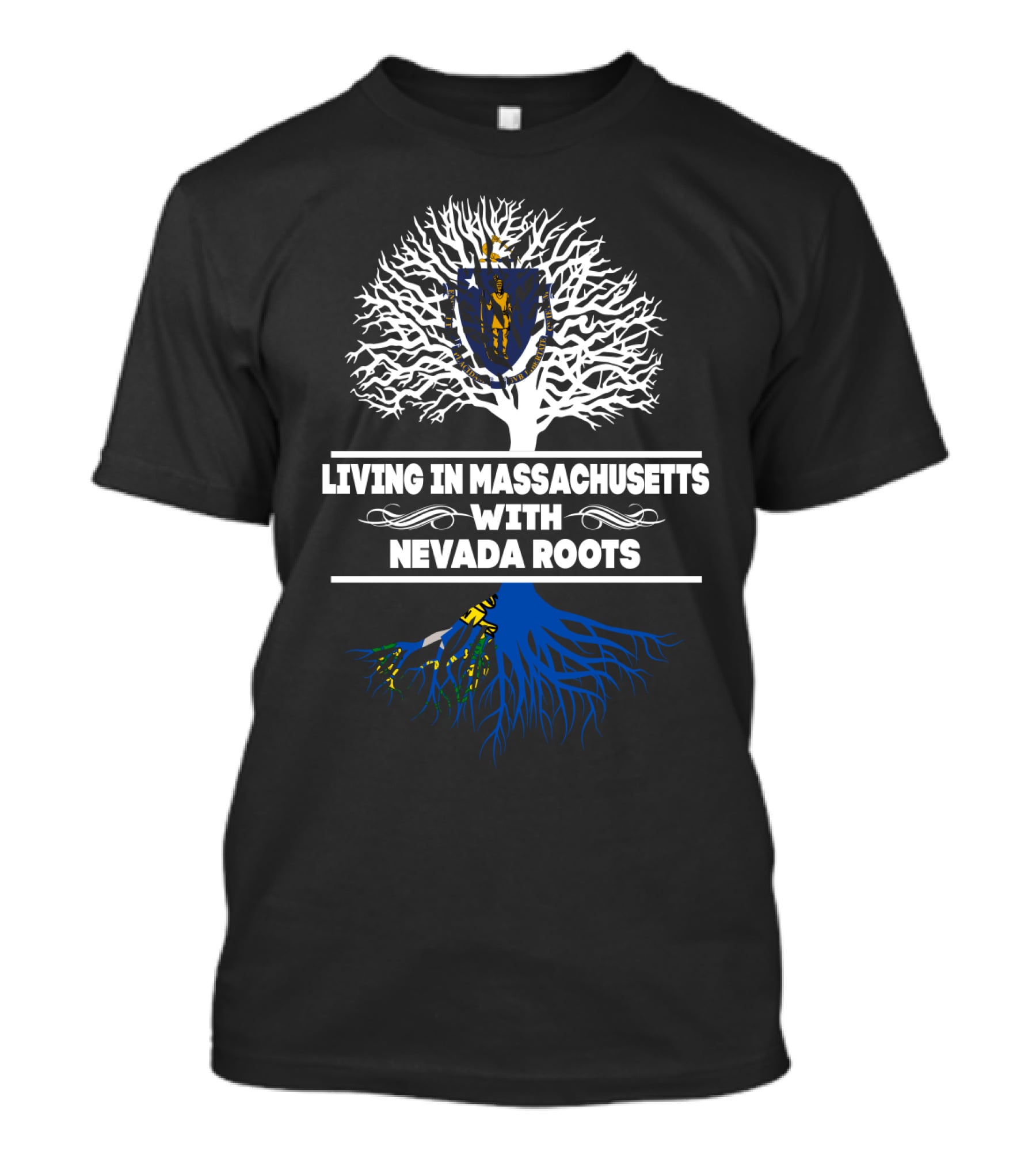 Massachusetts Living Nevada Roots Tree Design With State Flag Elements T-Shirt