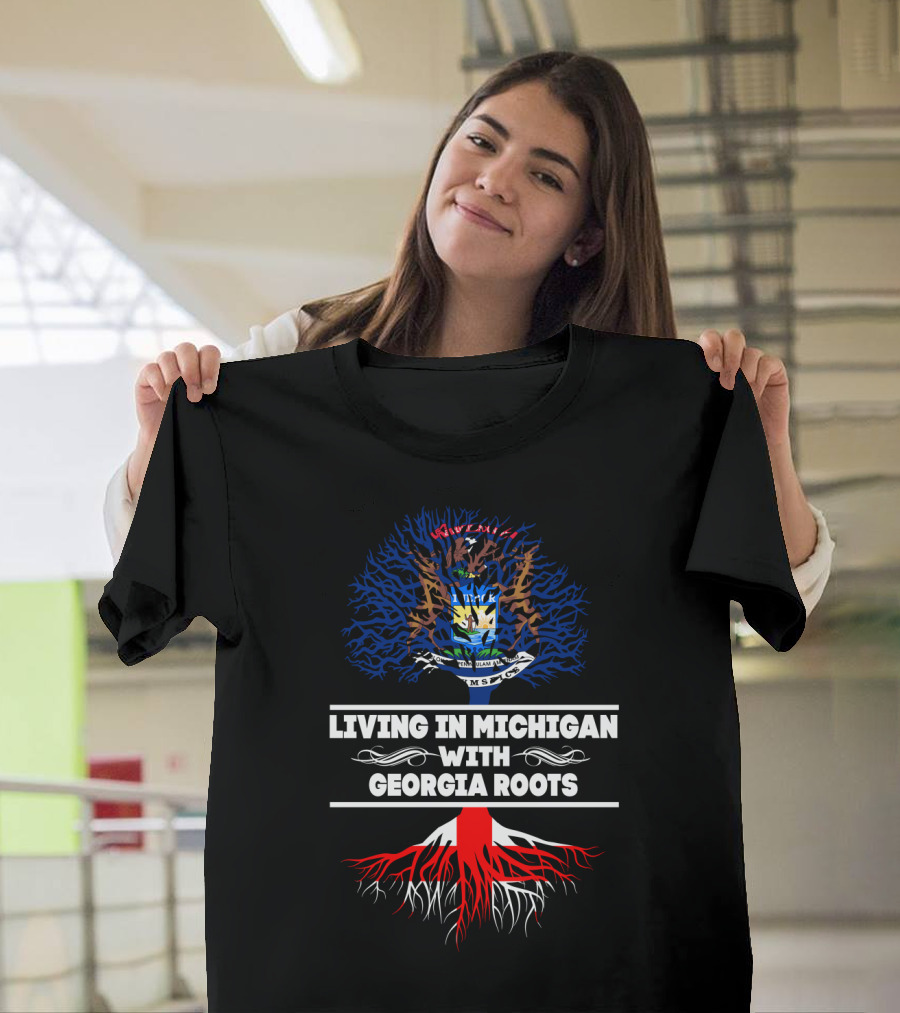 Michigan and Georgia Connection: Embracing State Roots with Iconic Tree and Flag Symbolism T-Shirt