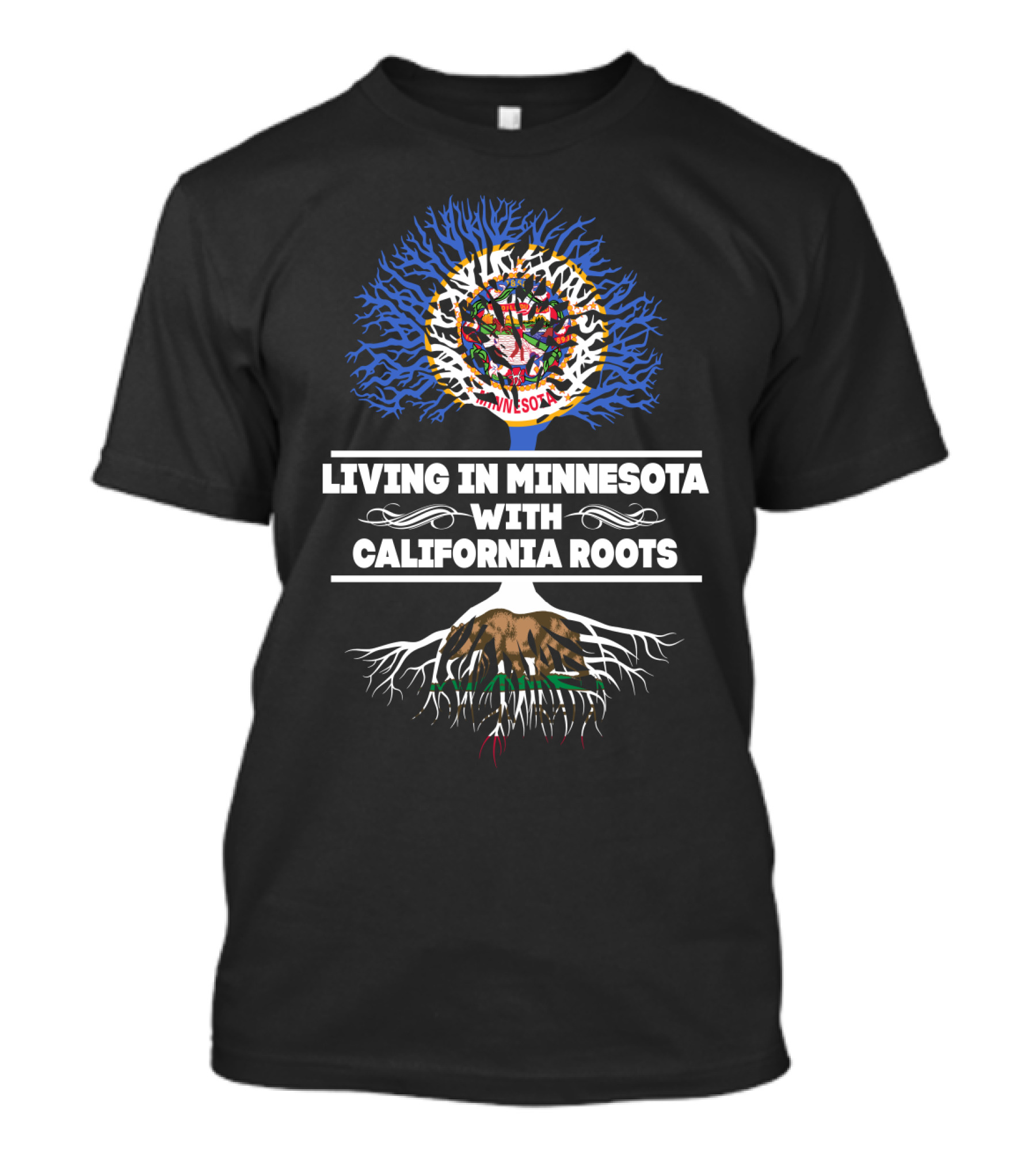 Living In Minnesota With California Roots Tree Overlay With State Elements T-Shirt