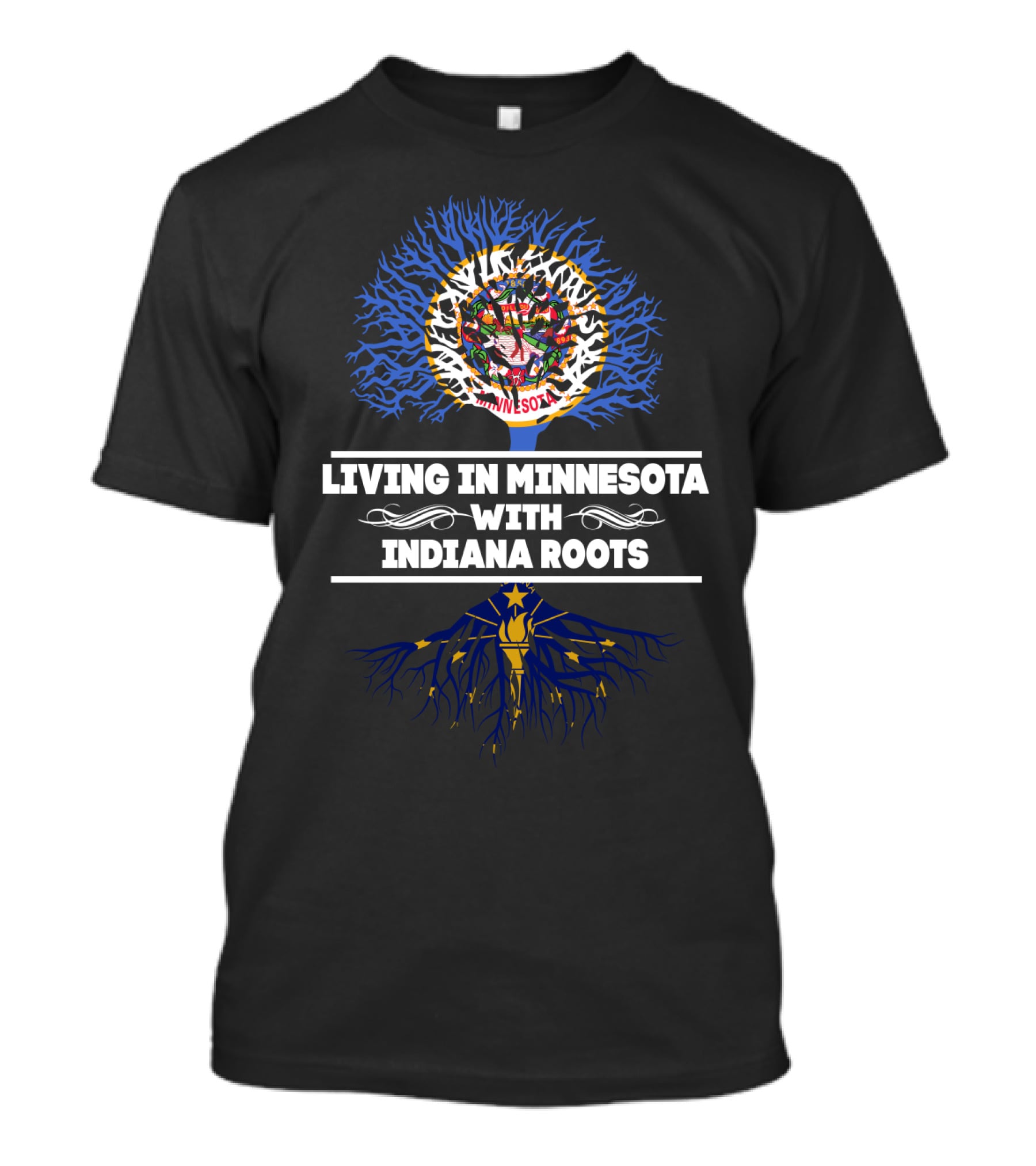 Living In Minnesota With Indiana Roots Tree Design Featuring Minnesota State Emblem And Indiana Flag Colors T-Shirt
