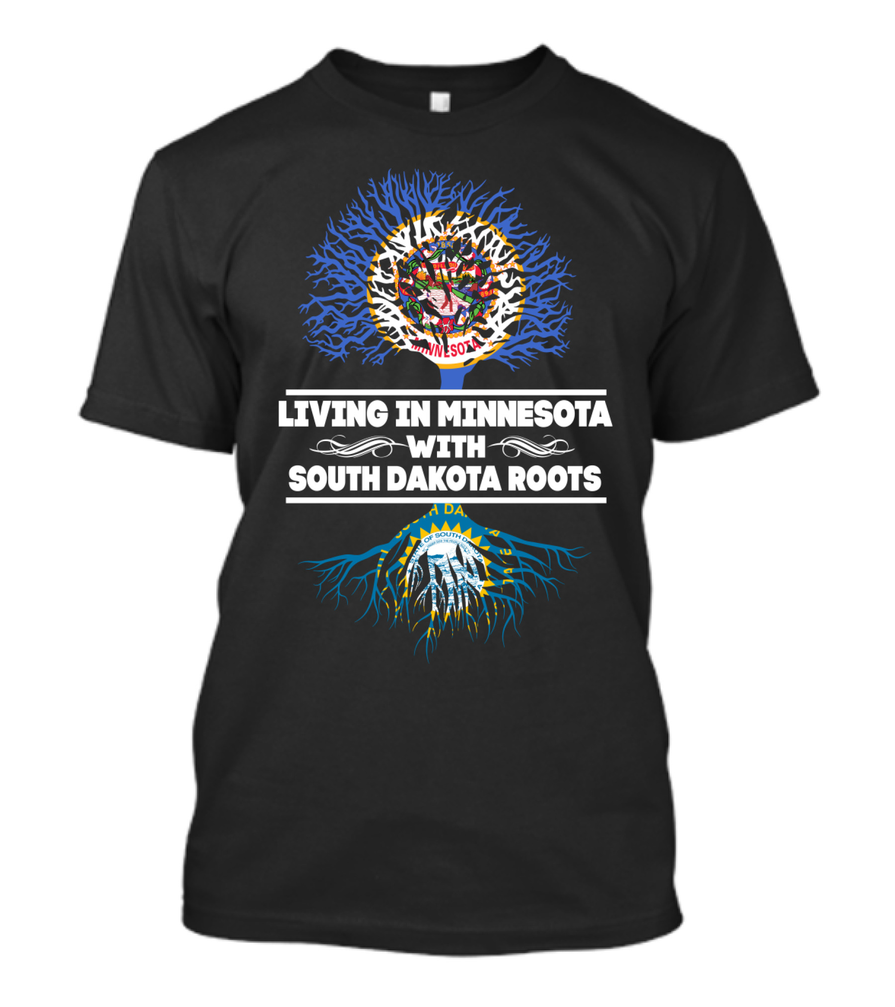 Living In Minnesota Featuring State Emblems With South Dakota Roots Heritage T-Shirt