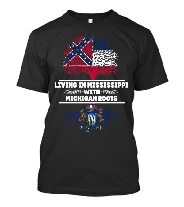 Mississippi Flag Tree Overlay With Blue And Brown Michigan Roots T-Shirt