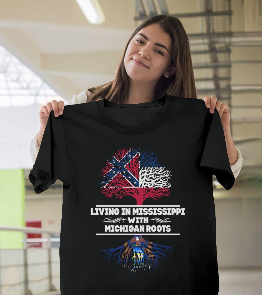Mississippi Flag Tree Overlay With Blue And Brown Michigan Roots T-Shirt