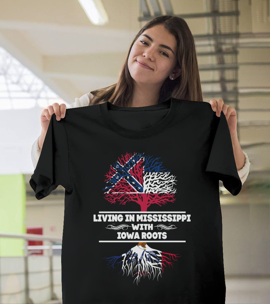 Living in Mississippi with IOWA Roots Flag-Themed Tree T-Shirt