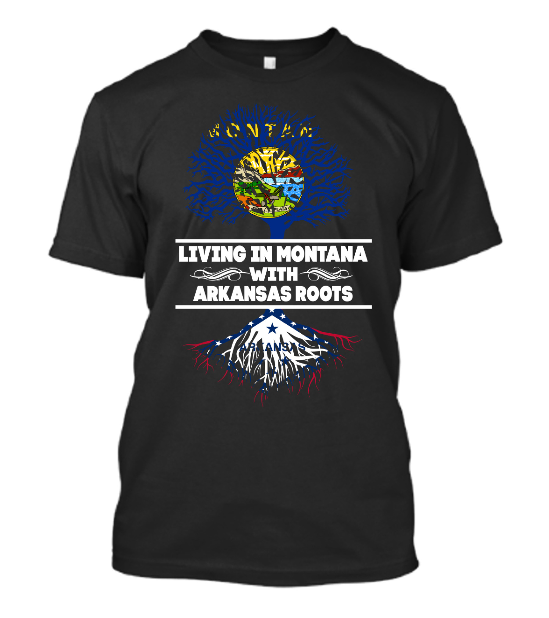 Montana Skyline And Arkansas Roots Tree: Living In Montana With Arkansas Roots T-Shirt