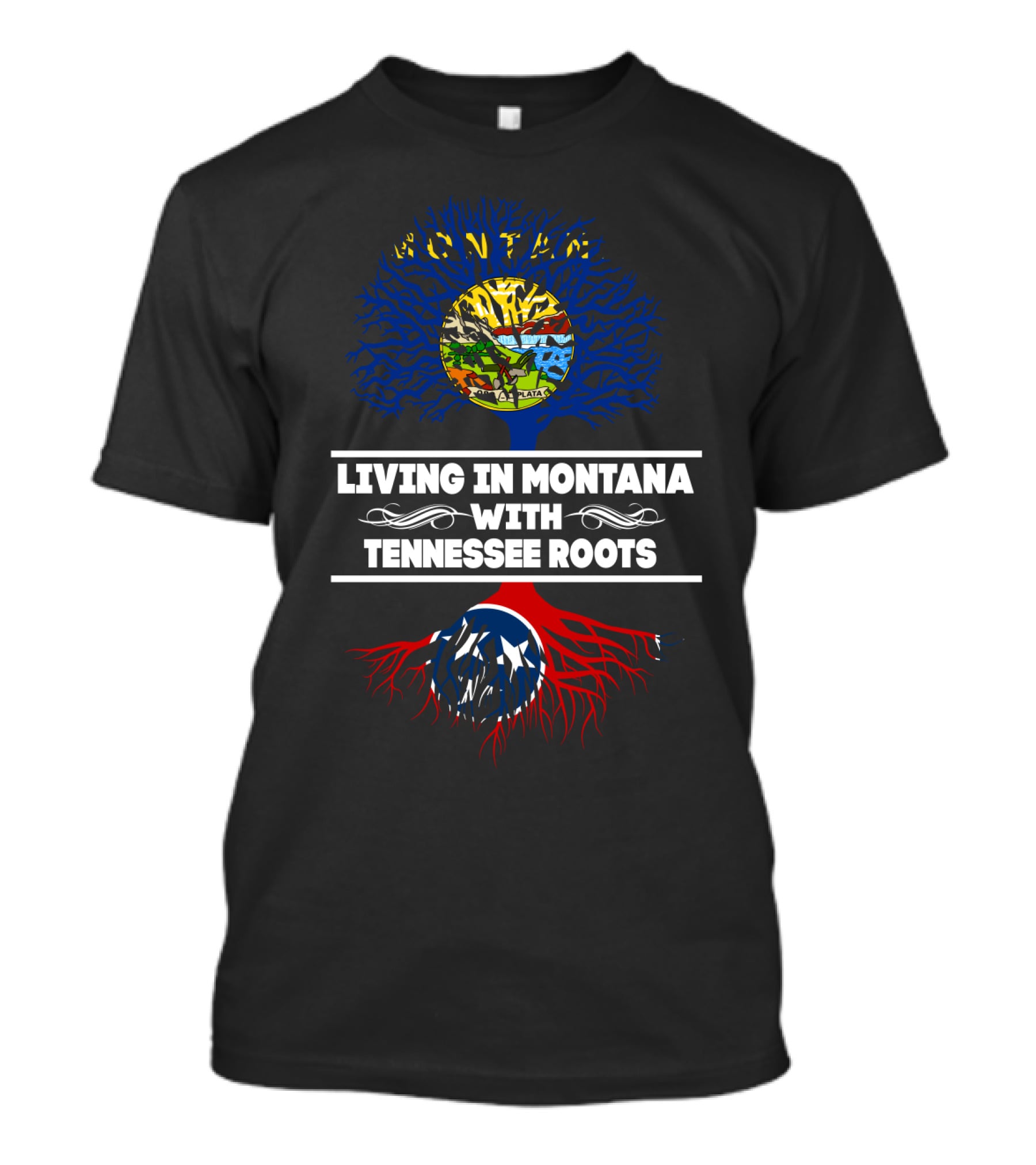 Montana Life Tennessee Roots Tree Design With Blue And Red State Symbols T-Shirt