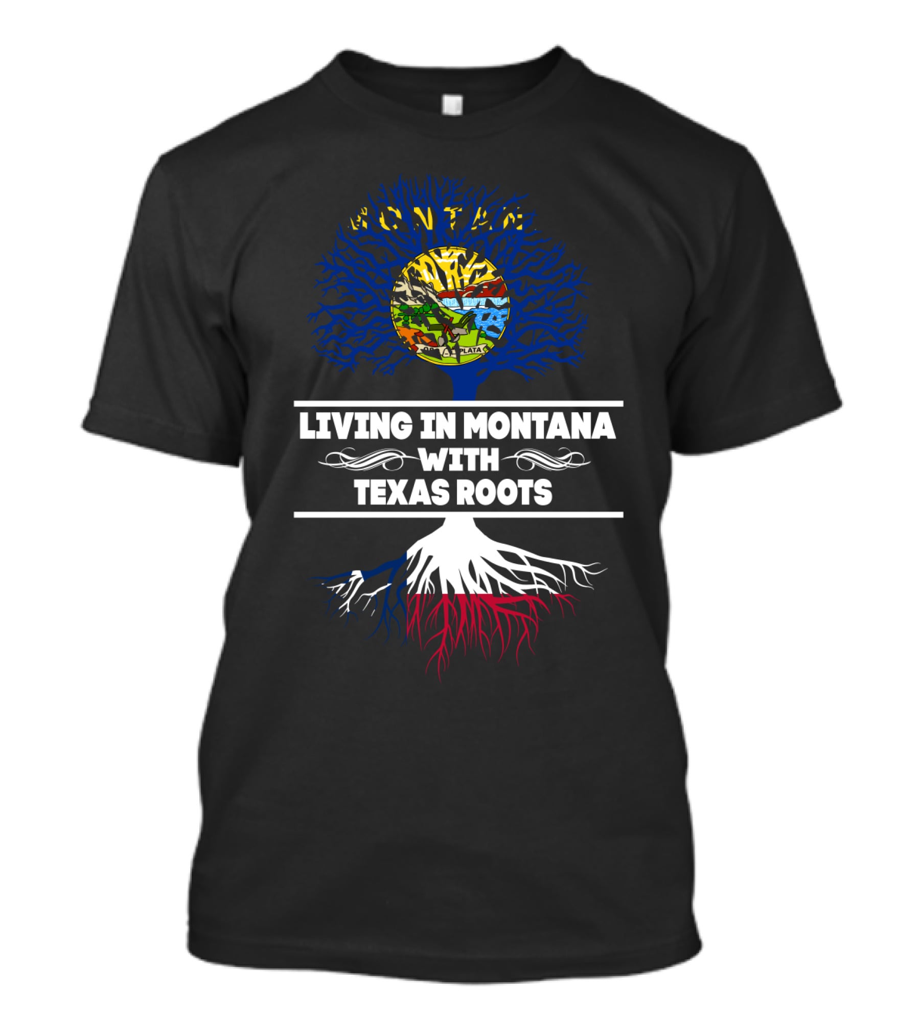 Montana Living With Texas Heritage Tree Design Featuring State Symbols T-Shirt