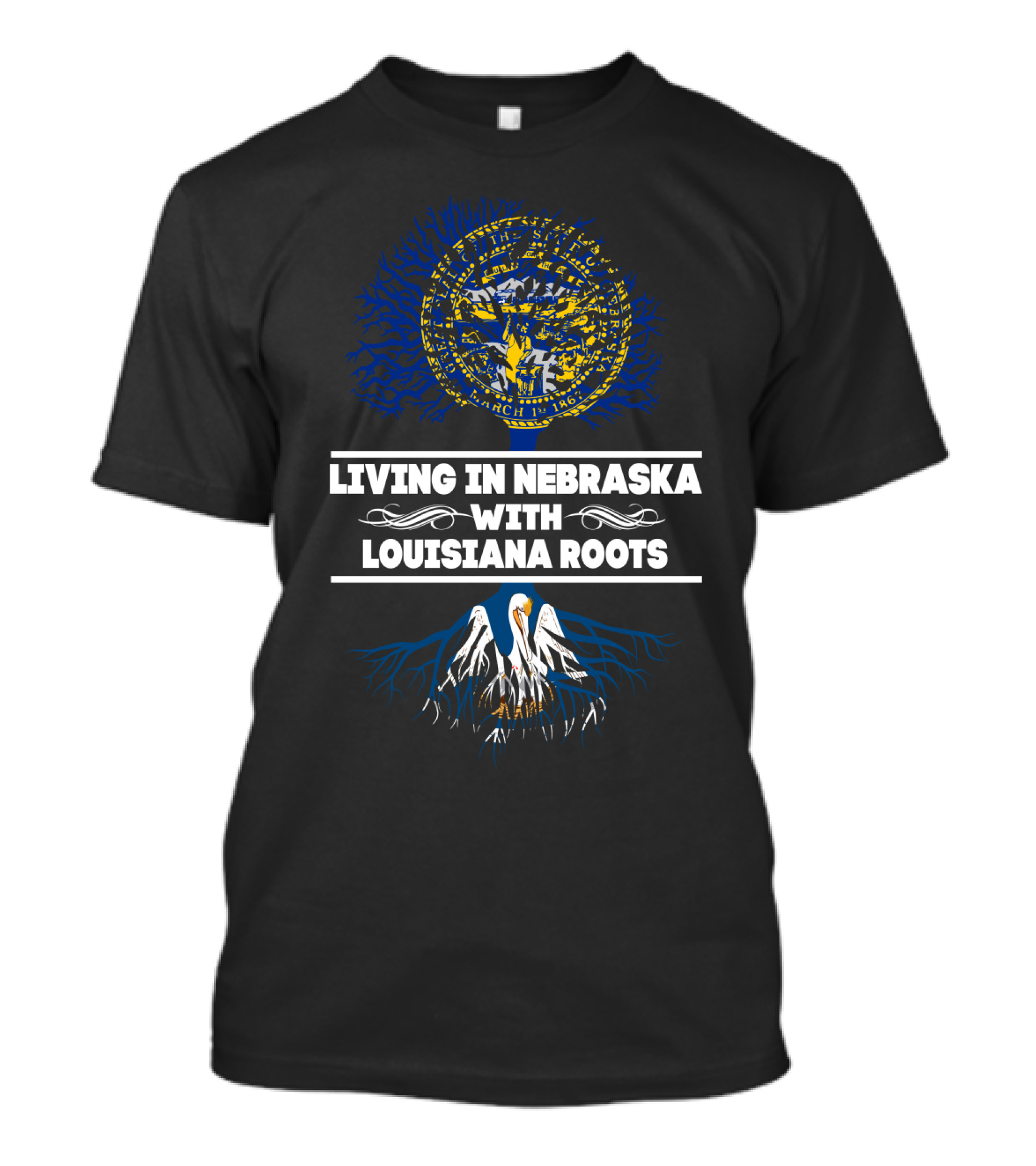 Nebraska Seal Tree Symbolism With Louisiana Heritage Pelican Roots T-Shirt
