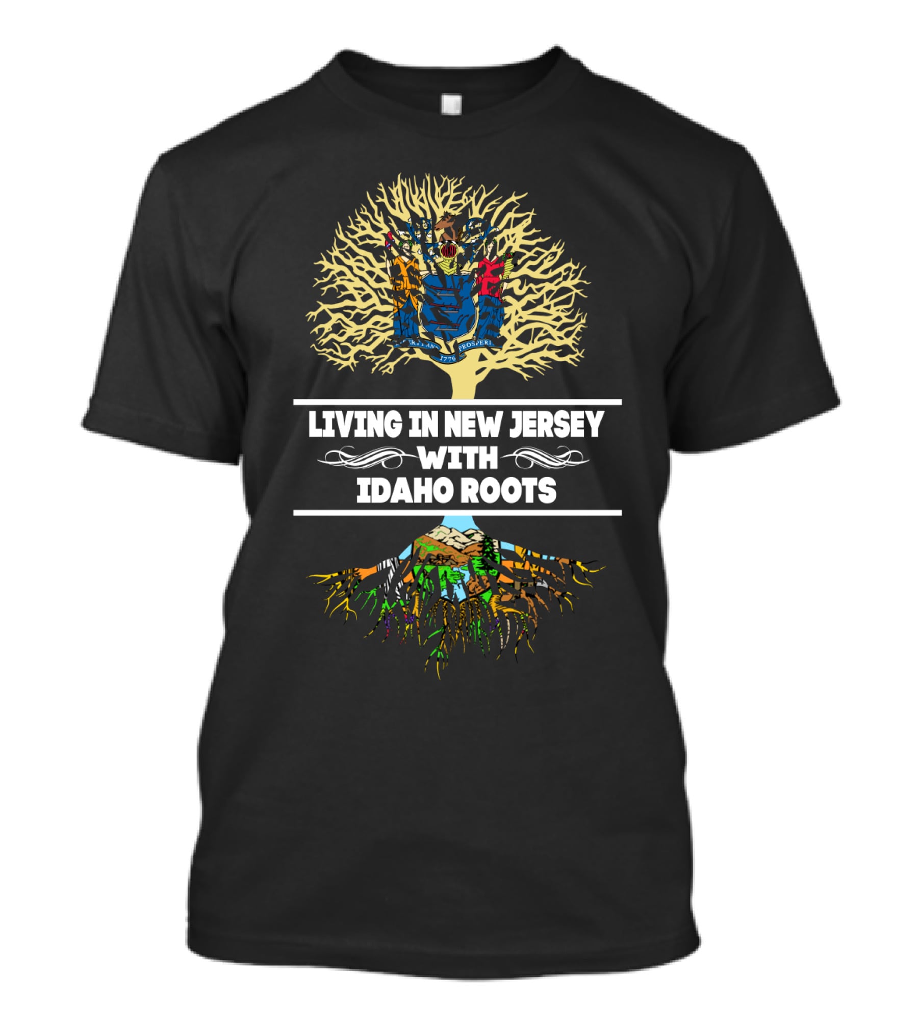 Living In New Jersey With Idaho Roots Tree Graphic Featuring State Maps And Landscapes T-Shirt