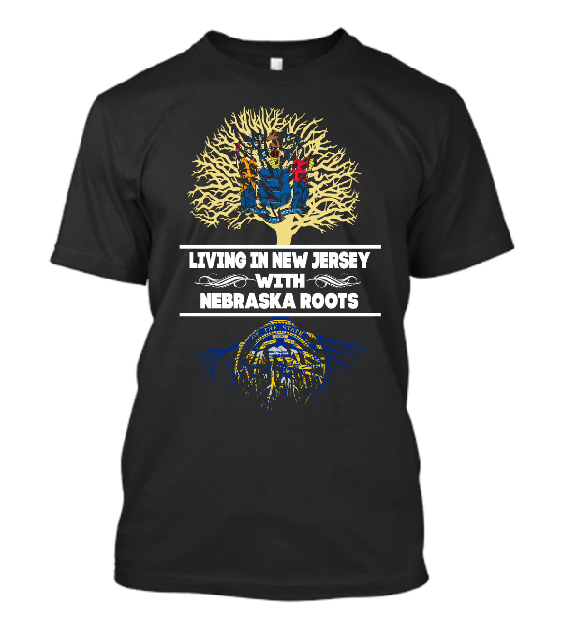 Living In New Jersey With Nebraska Roots Tree Art Featuring State Seals T-Shirt