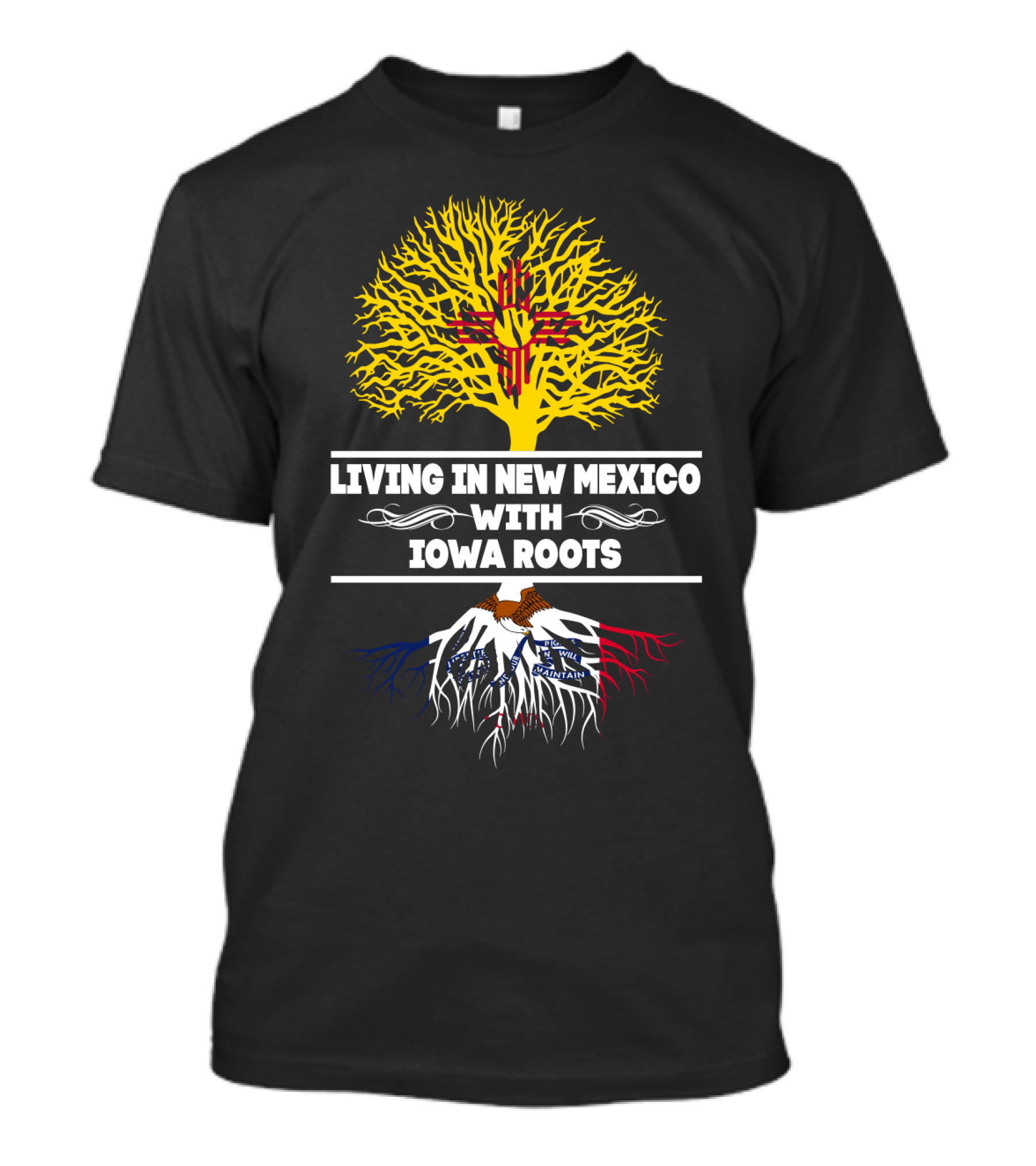 New Mexico Living With Iowa Roots Featuring Zia Symbol And Iowa State Flag Elements T-Shirt