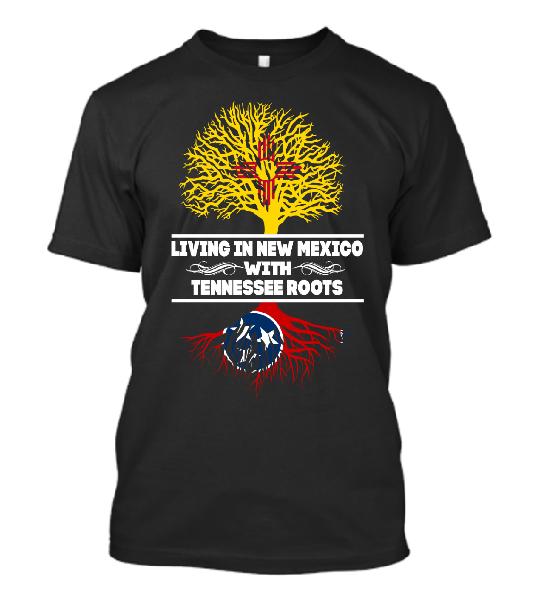 Living In New Mexico With TENNESSEE Roots Zia Symbol And Tennessee Flag Tree T-Shirt