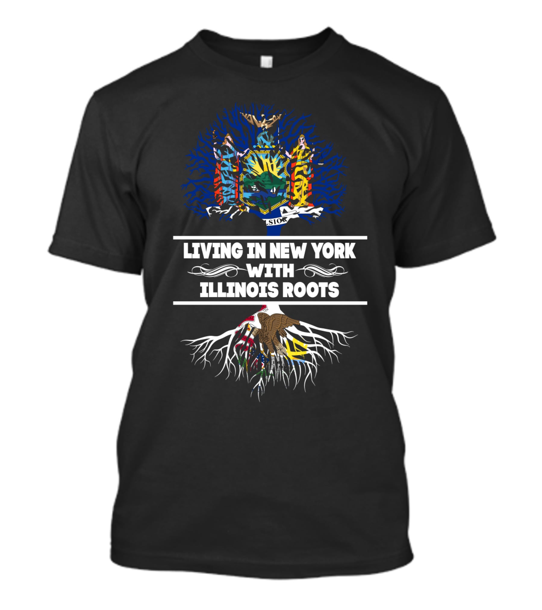New York And Illinois State Symbols Intertwined - Living In New York With Illinois Roots T-Shirt