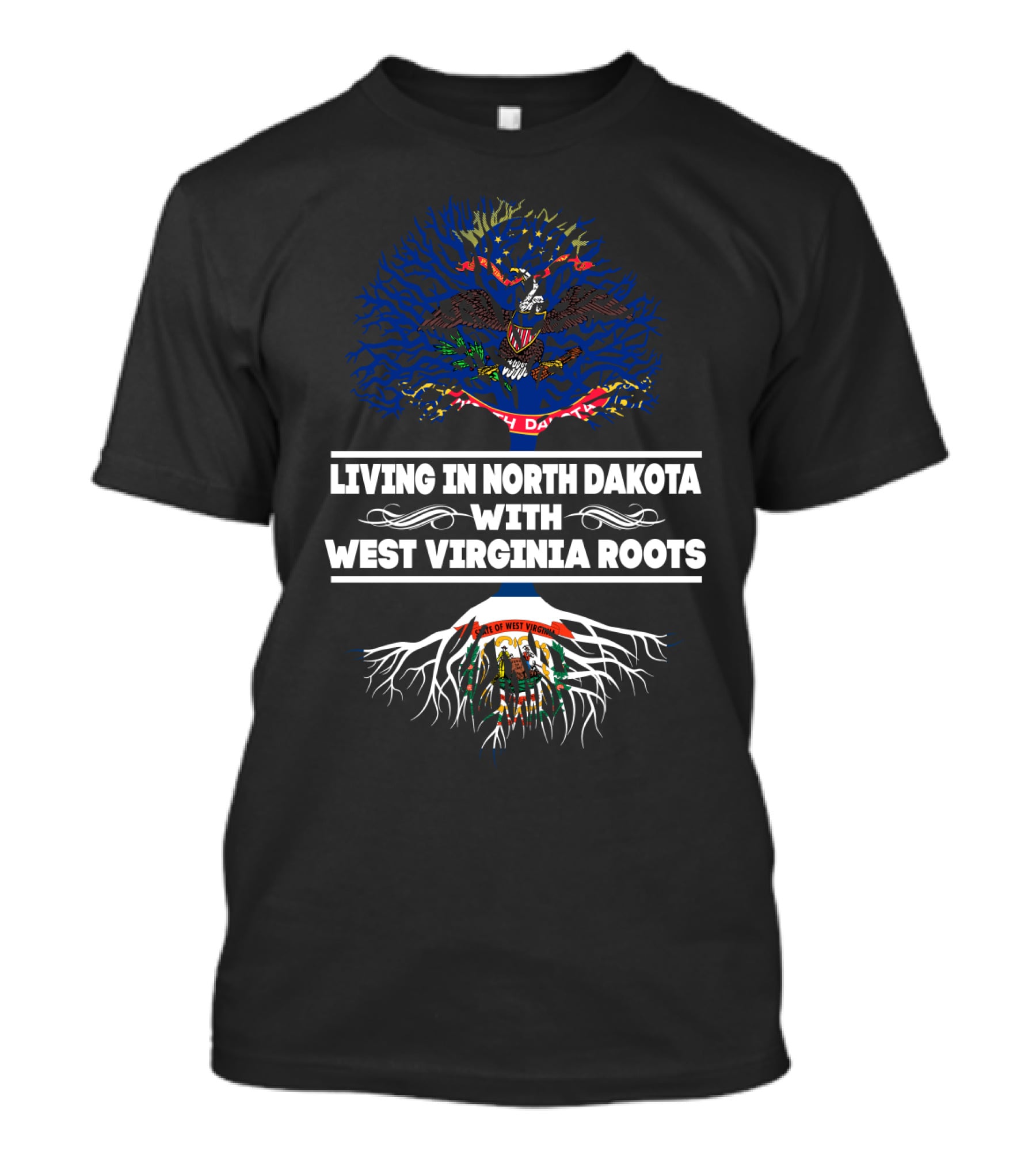 North Dakota Living With West Virginia Roots Tree Design Featuring State Flags T-Shirt