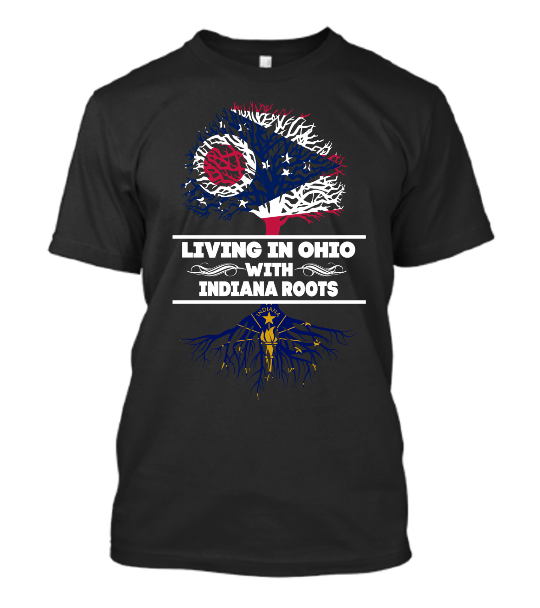 Ohio State Flag Tree With Indiana State Flag Roots Symbolizing Dual Heritage Connection T-Shirt