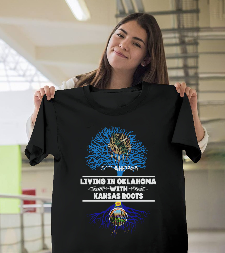 Living in Oklahoma with Kansas Roots Tree Design Featuring State Symbols T-Shirt