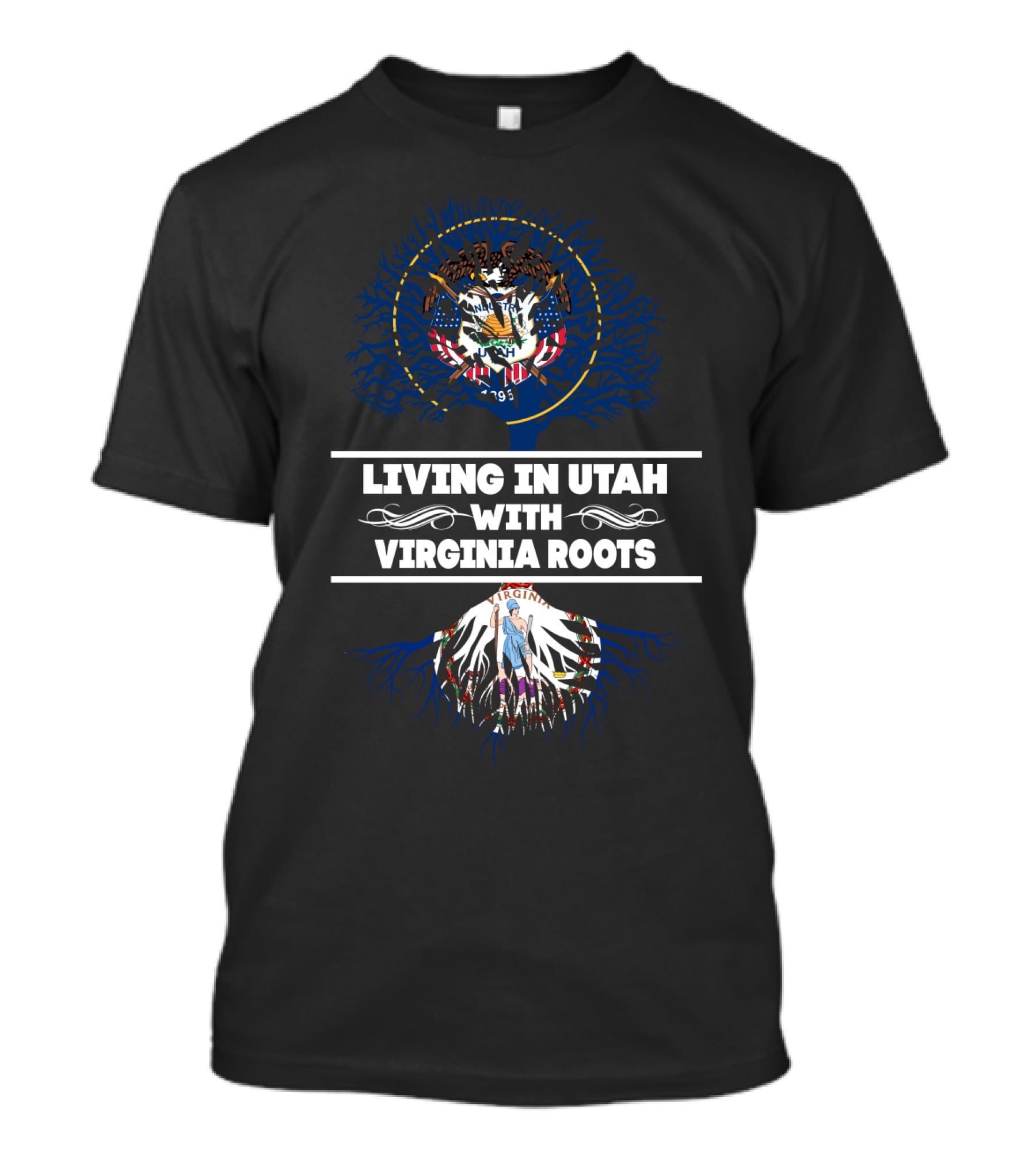 Utah Life Embracing Virginia Heritage With State Seals And Tree Roots T-Shirt