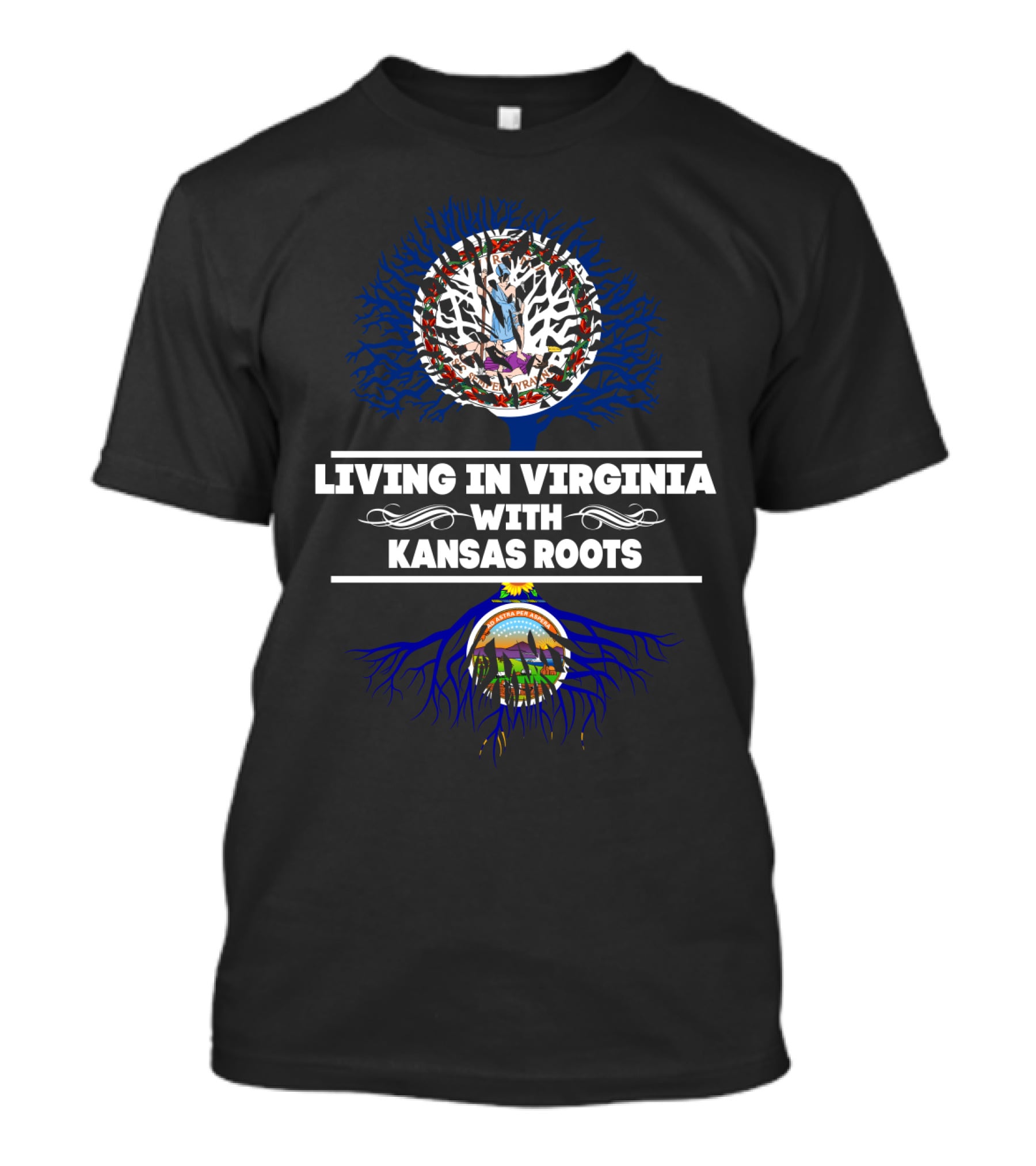 Living In Virginia With KANSAS Roots Virginia And Kansas Themed Tree Design Featuring State Flags T-Shirt