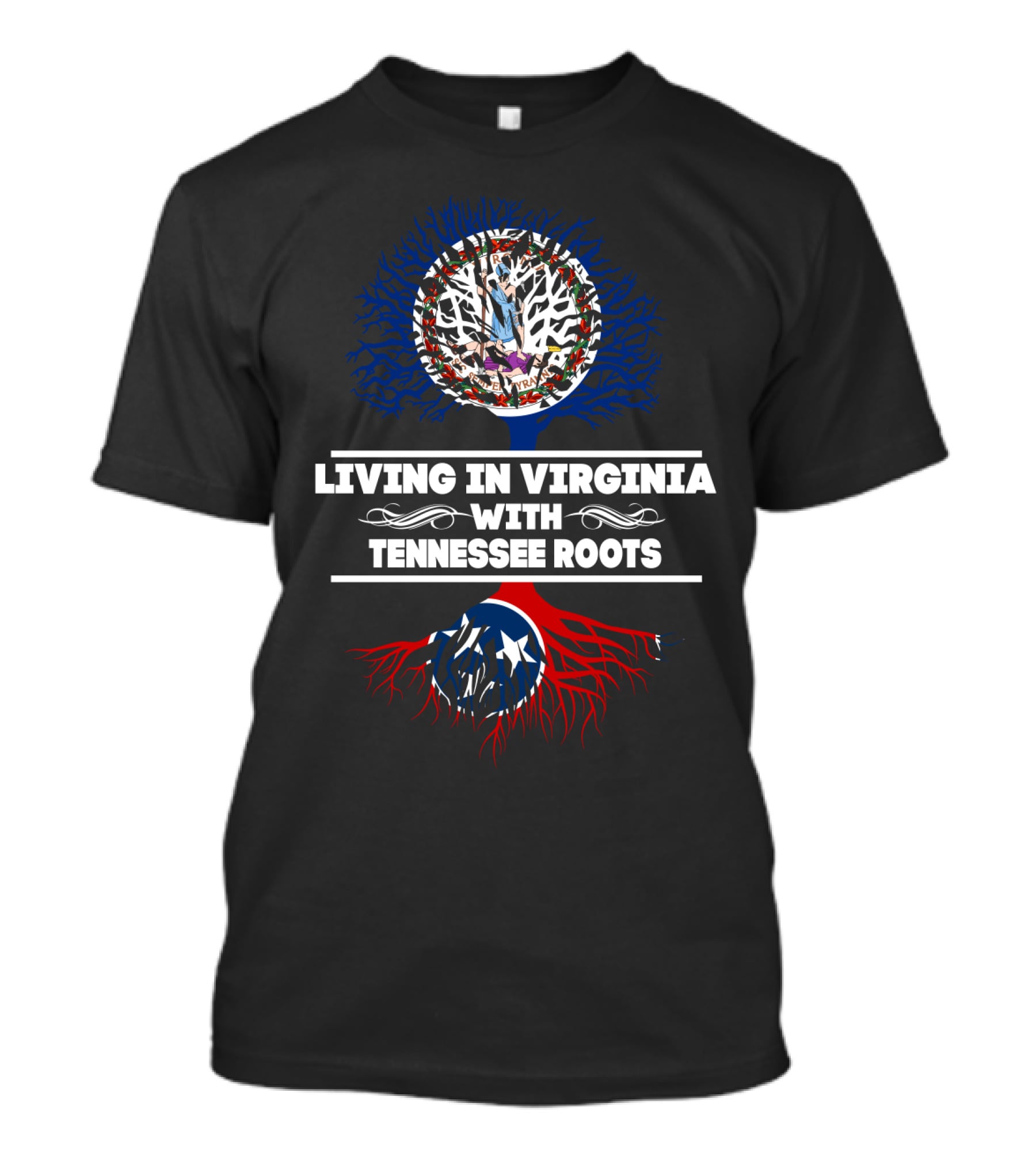 Living In Virginia With Tennessee Roots Tree Design Featuring American Flag Elements T-Shirt