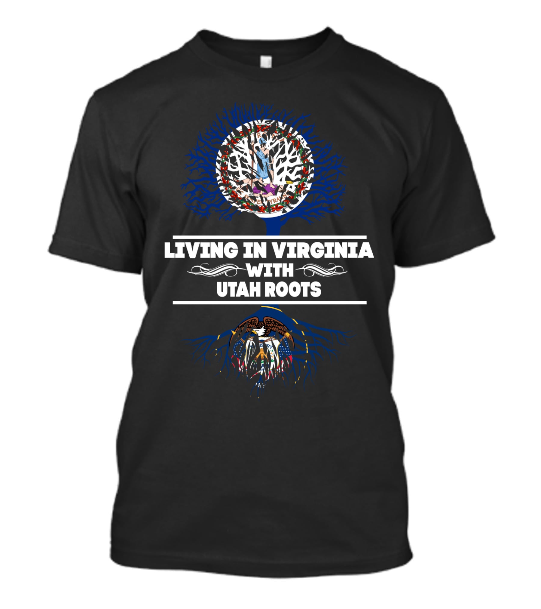 Living In Virginia With Utah Roots Tree Design Featuring State Symbols T-Shirt