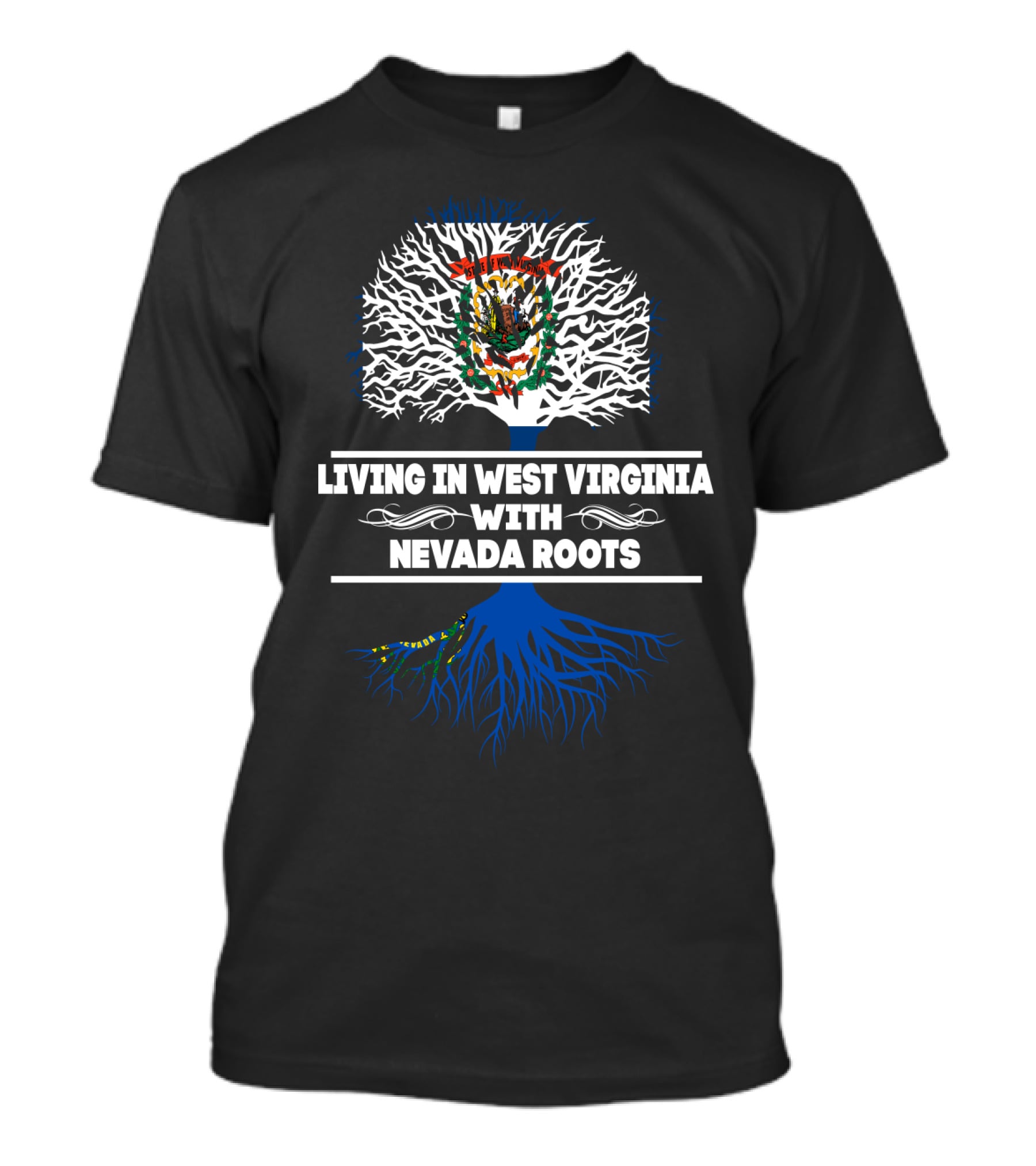West Virginia Living Nevada Roots Tree Design With State Flag Elements T-Shirt