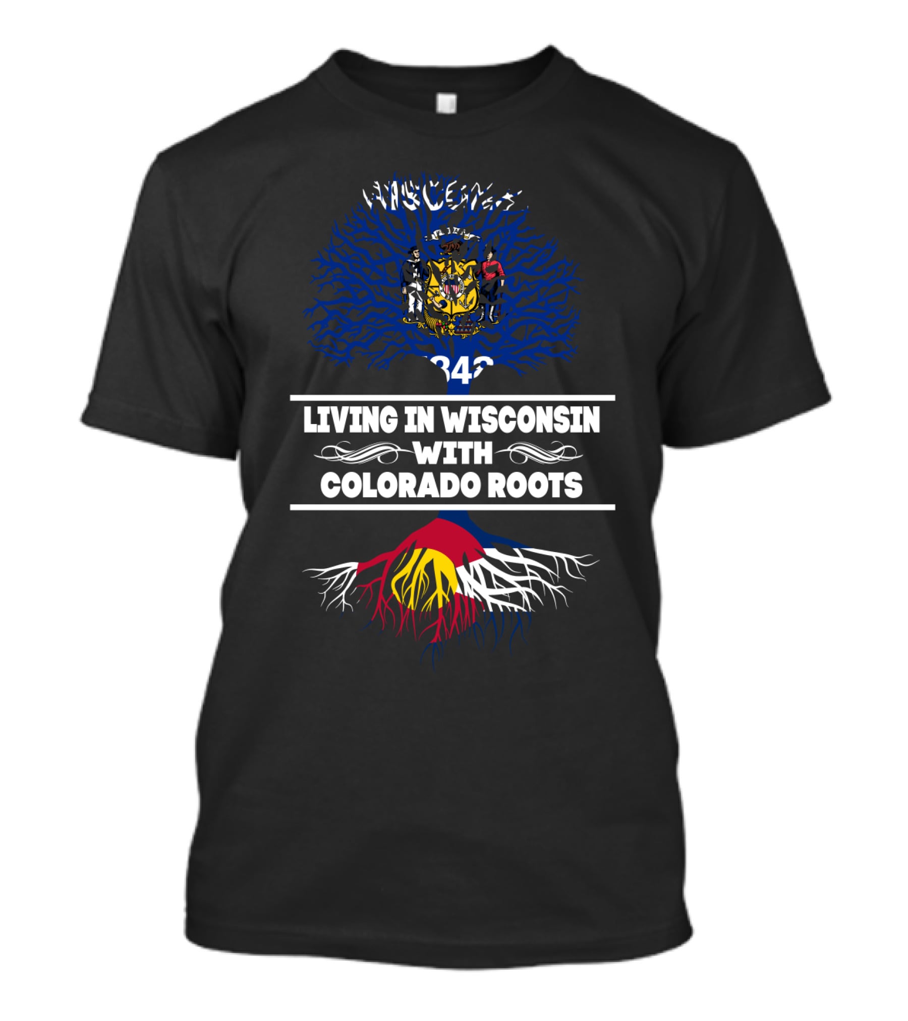 Wisconsin State Tree Shield With Colorado Flag Mountain Roots T-Shirt