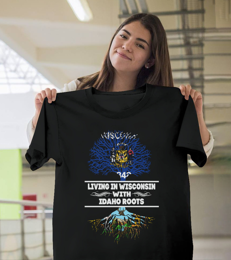 Wisconsin State Emblem and Tree Imagery Embracing Idaho Mountain Roots T-Shirt