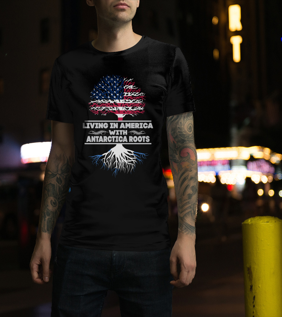 Living IN America With Antarctica Roots USA Flag Tree T-Shirt