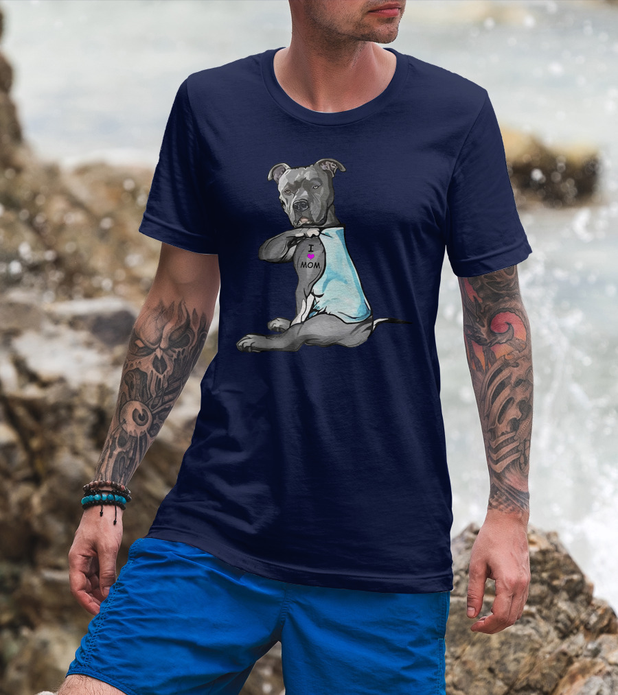 Funny Pitbull Dog I Love Mom Tattoo Trend Idea T-Shirt