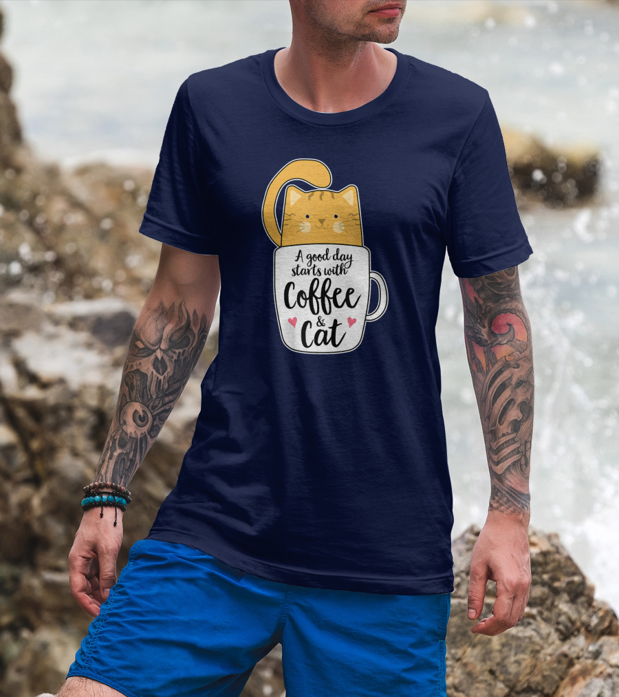 Funny Orange Cat A Good Day Starts With Coffee And Cat T-Shirt