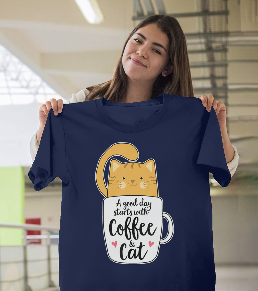 Funny Orange Cat A Good Day Starts With Coffee And Cat T-Shirt