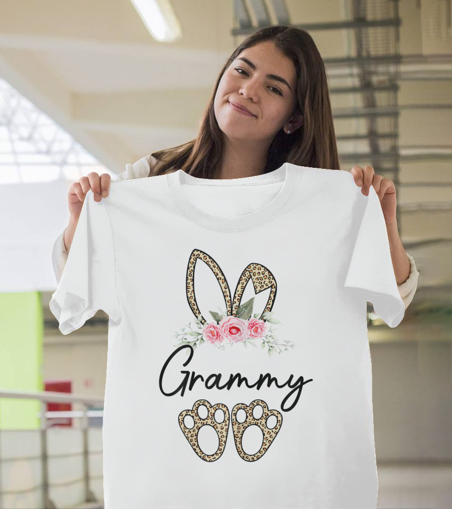 Grammy Easter Bunny Ears And Leopard Floral Paw Prints T-Shirt
