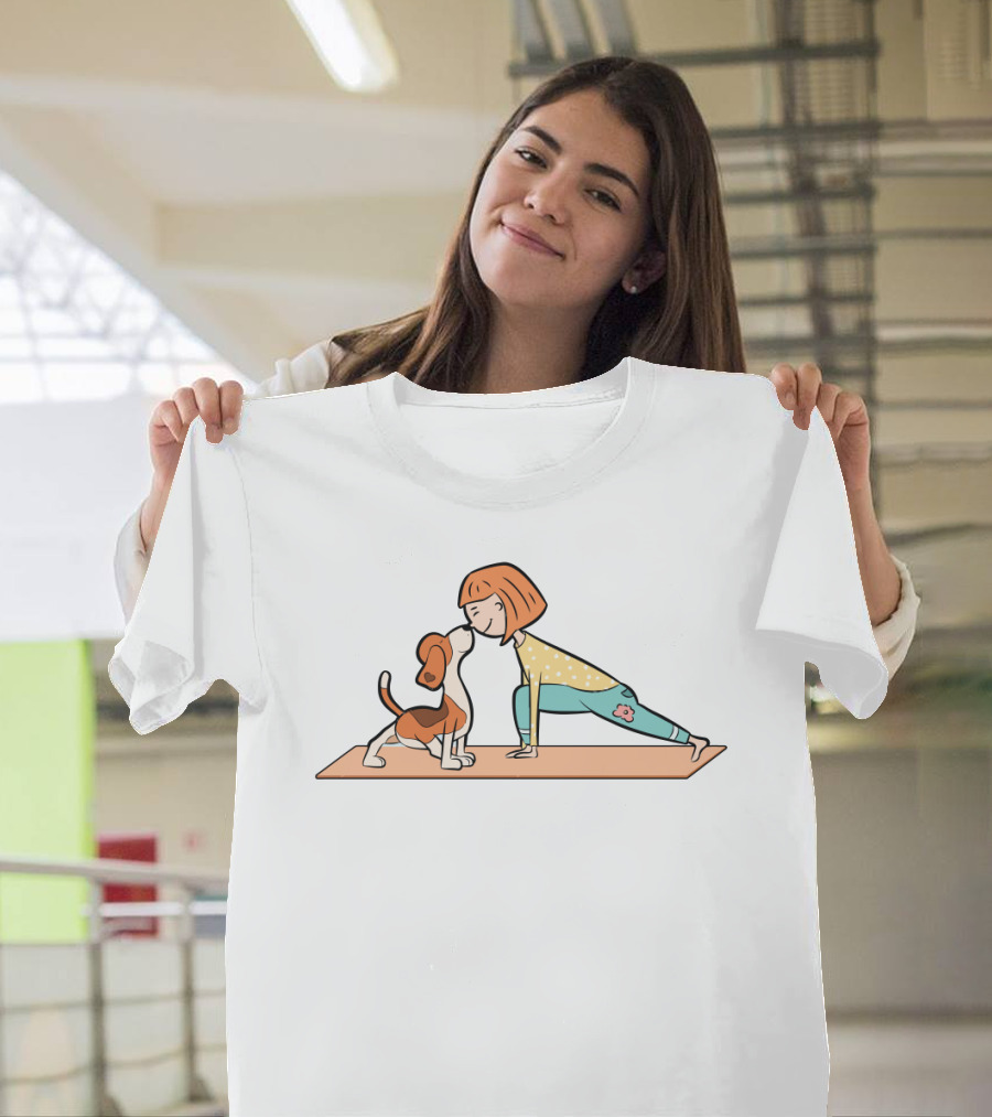 Cartoon Beagle And Girl Performing Yoga Pose On Mat T-Shirt