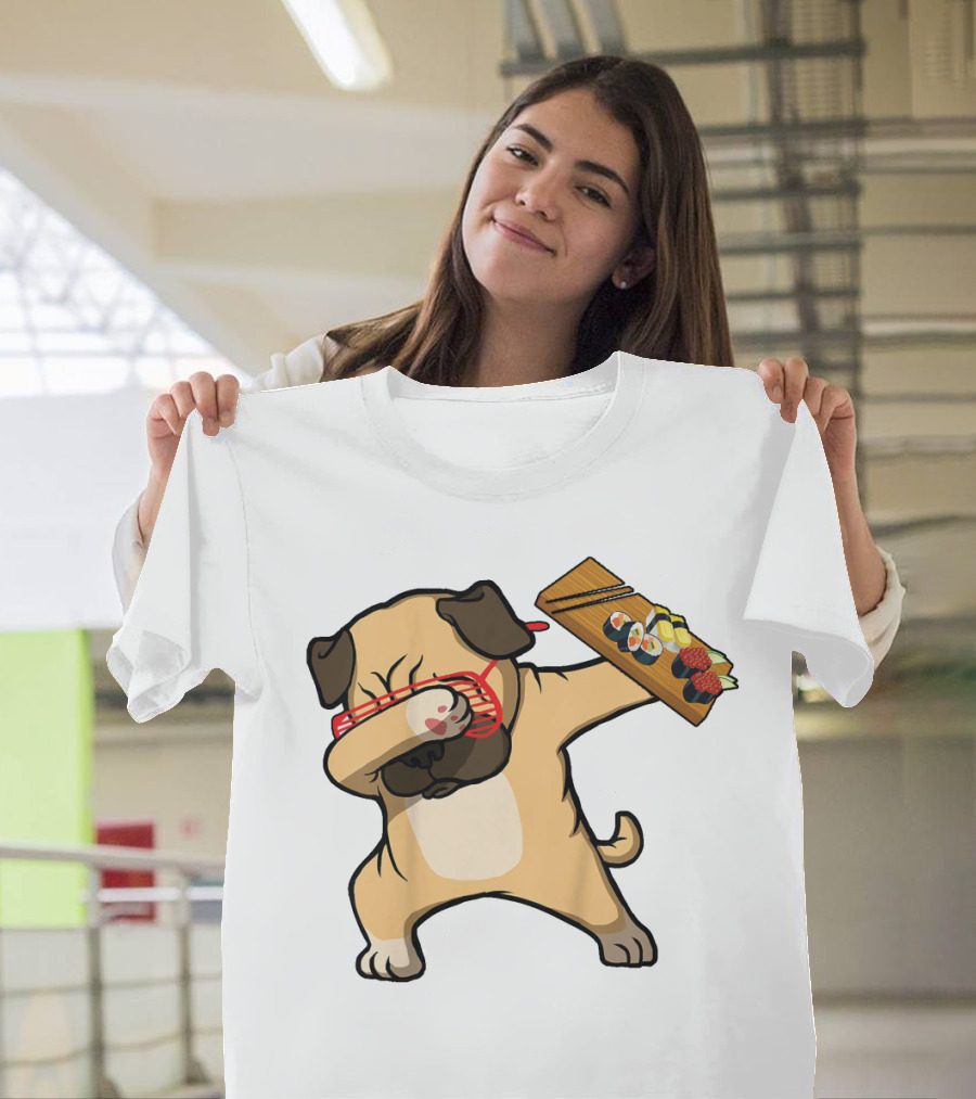 Dabbing Pug With Sushi Plate And Chopstick Glasses T-Shirt