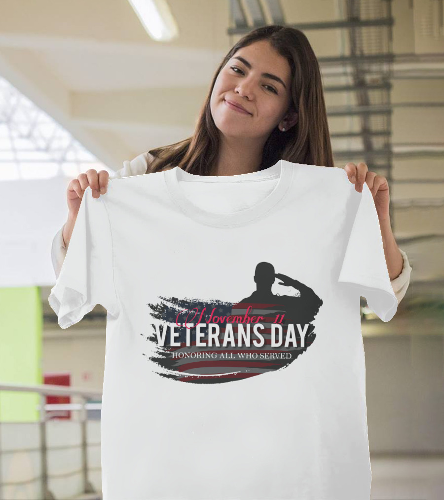 November 11 Veterans Day Honoring All Who Served with Saluting Silhouette and USA Flag Background T-Shirt
