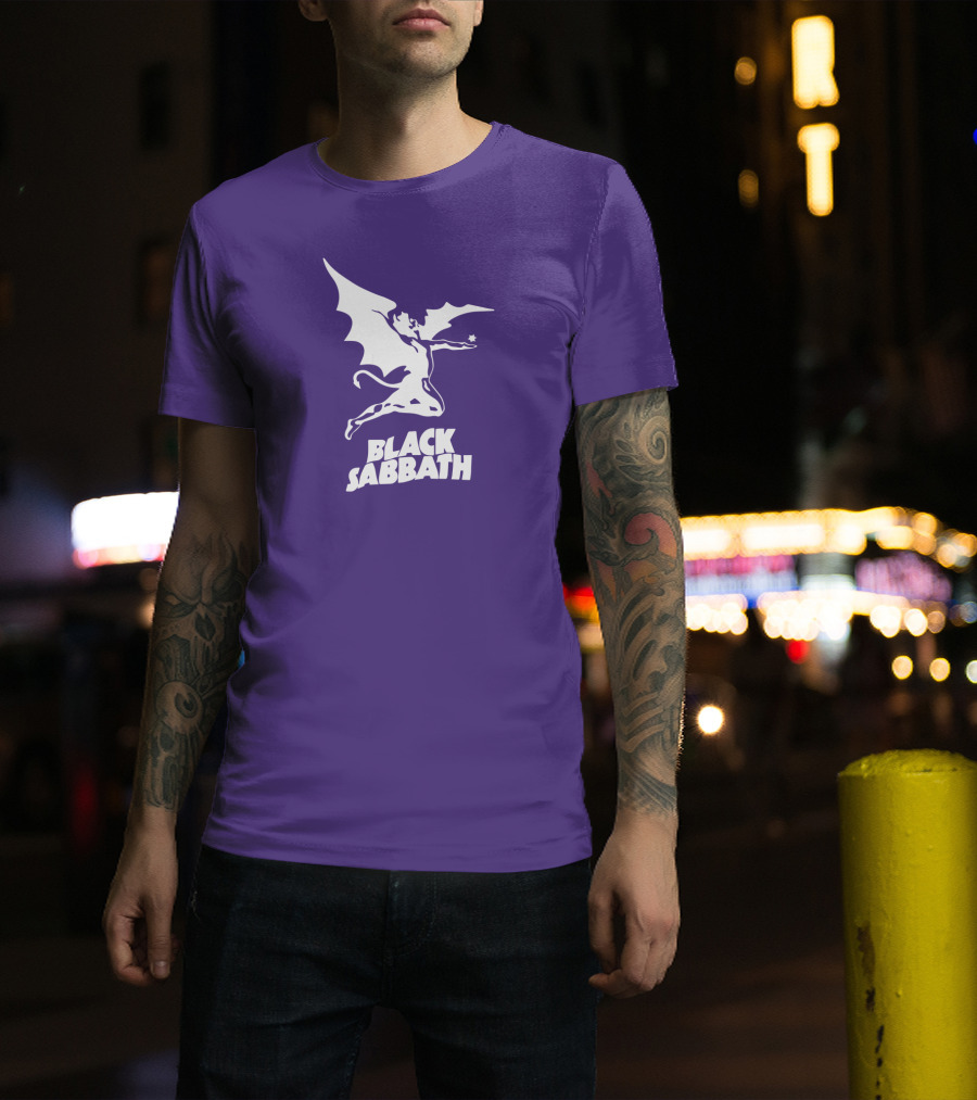 Black Sabbath Flying Devil Logo Purple Background T-Shirt