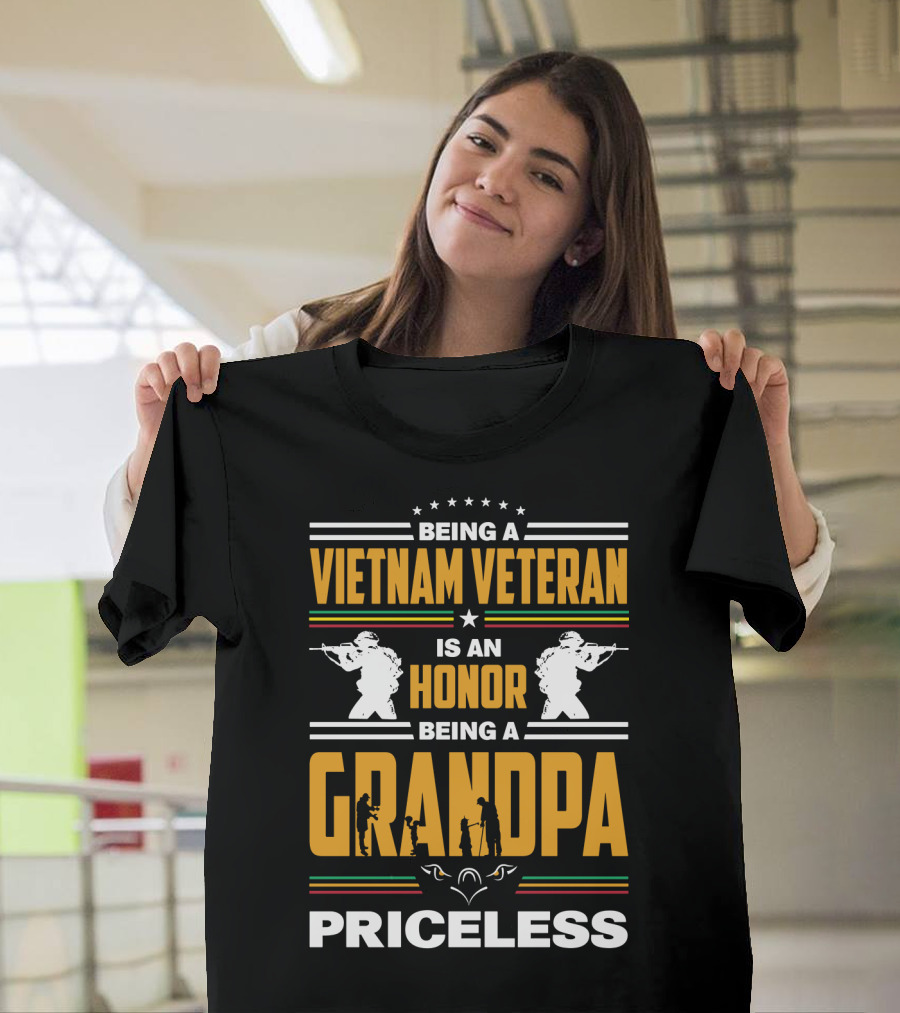 Being a Vietnam Veteran is an Honor Being a Grandpa Priceless with Soldier Silhouettes and Stars T-Shirt